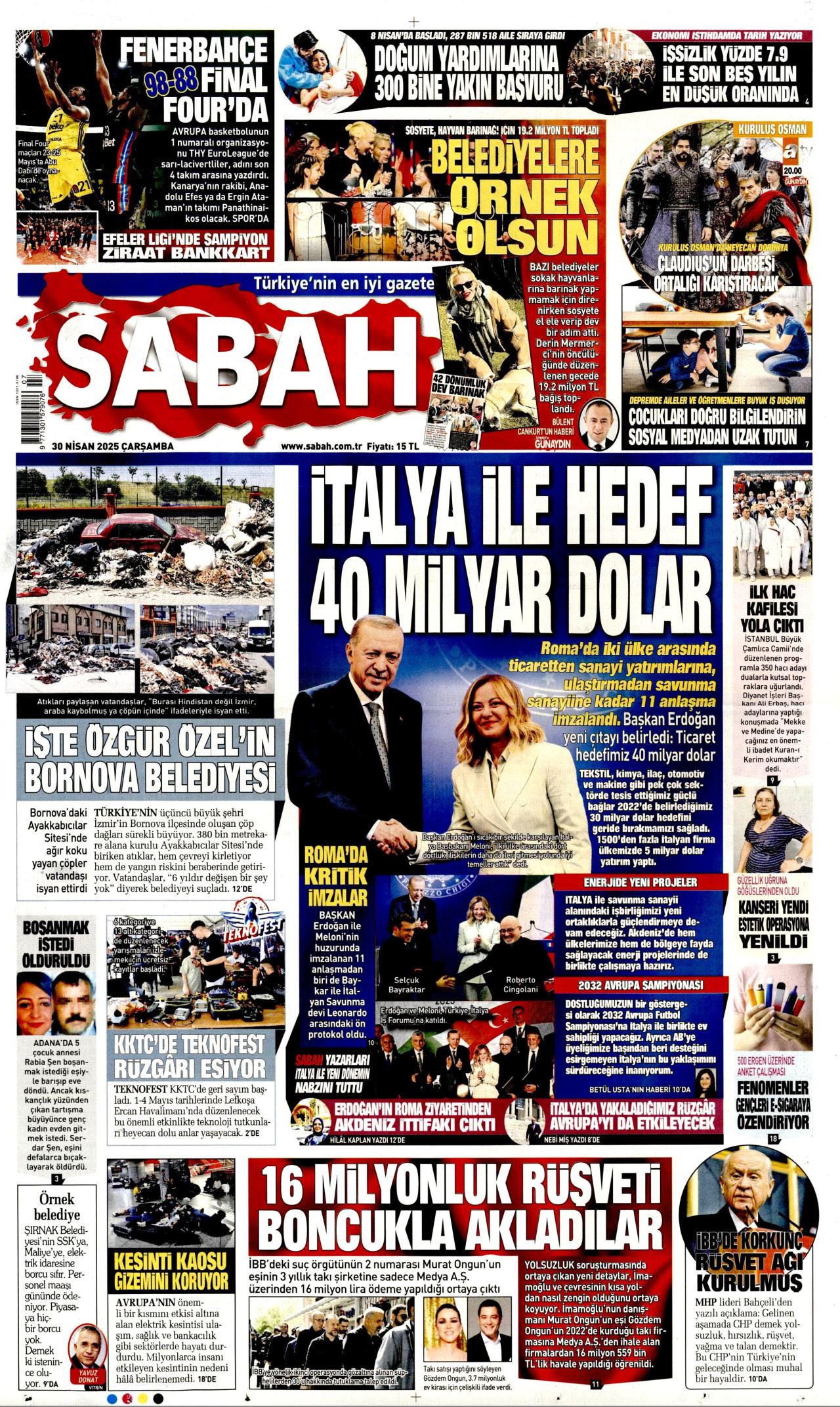 SABAH gazetesinin 30 Nisan 2025 tarihli birinci sayfası