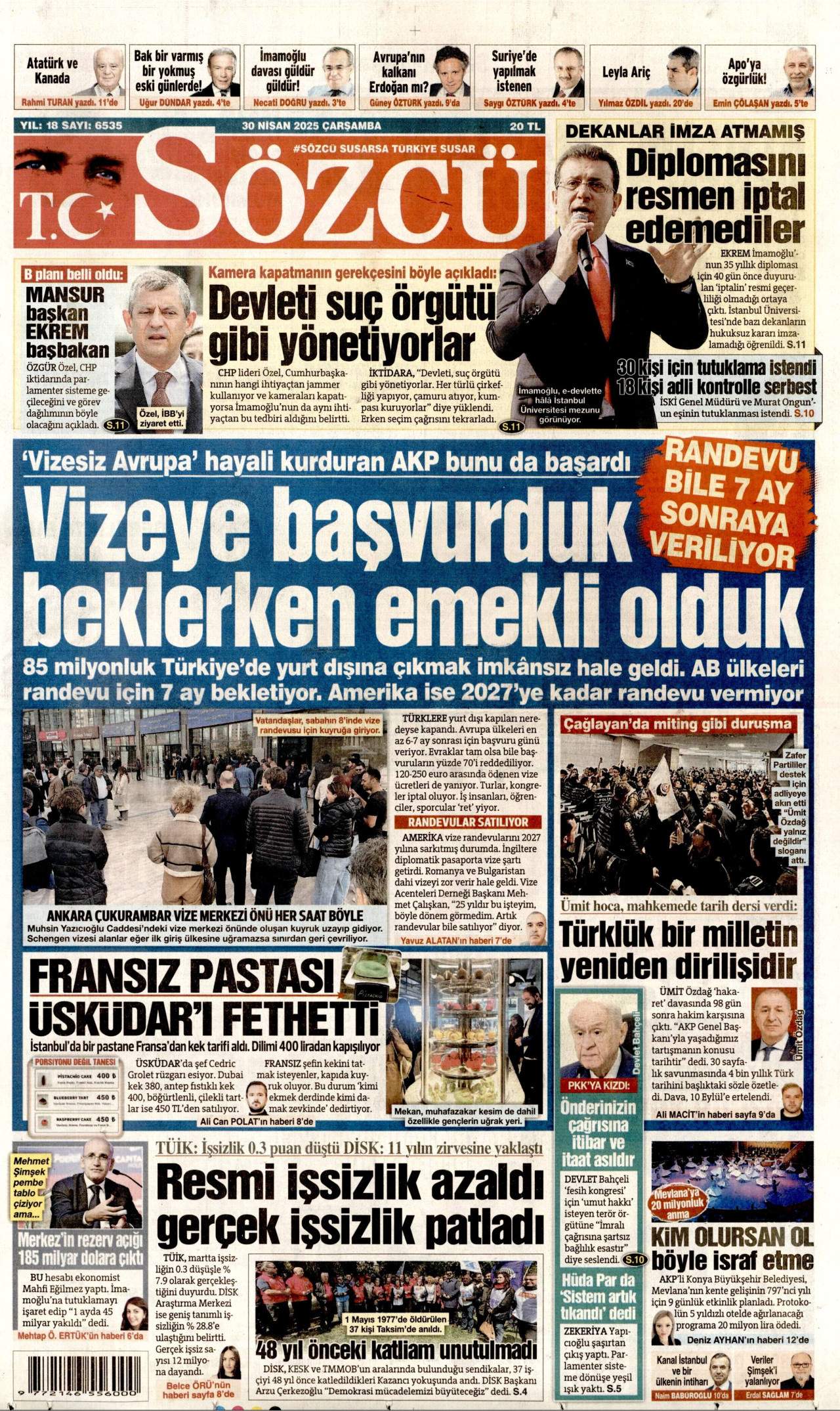 SÖZCÜ gazetesinin 30 Nisan 2025 tarihli birinci sayfası
