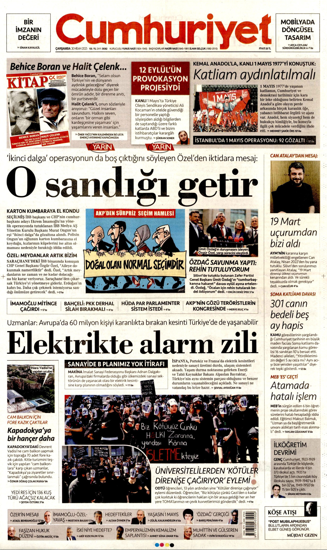CUMHURİYET gazetesinin 30 Nisan 2025 tarihli birinci sayfası
