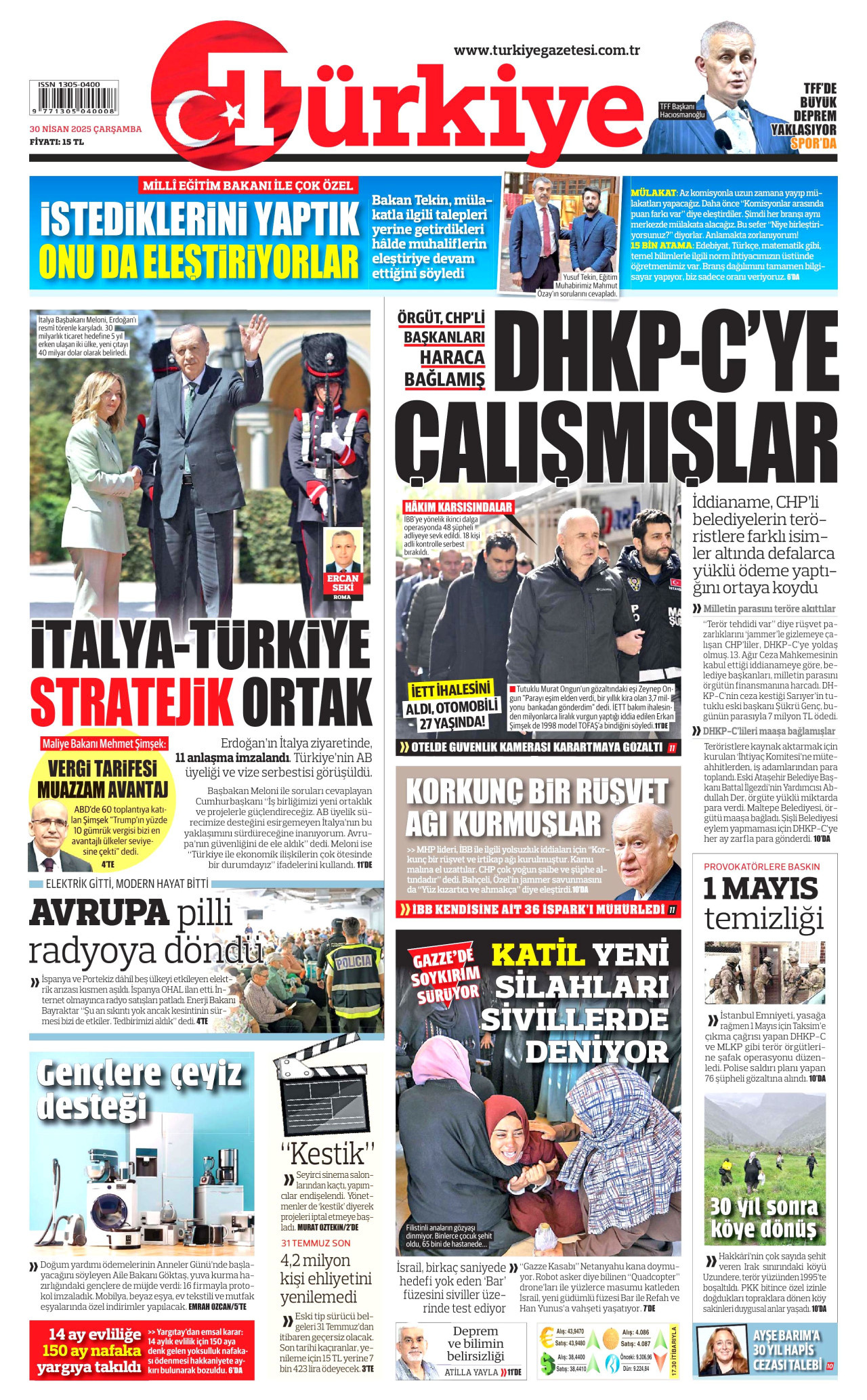 TÜRKİYE GAZETESİ gazetesinin 30 Nisan 2025 tarihli birinci sayfası