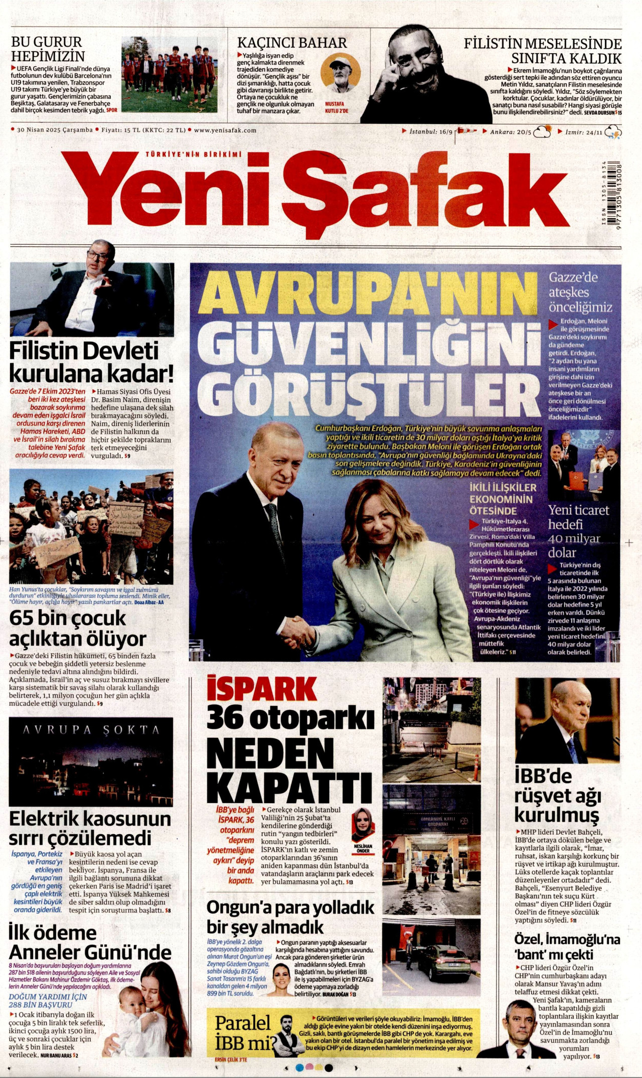 YENİ ŞAFAK gazetesinin 30 Nisan 2025 tarihli birinci sayfası