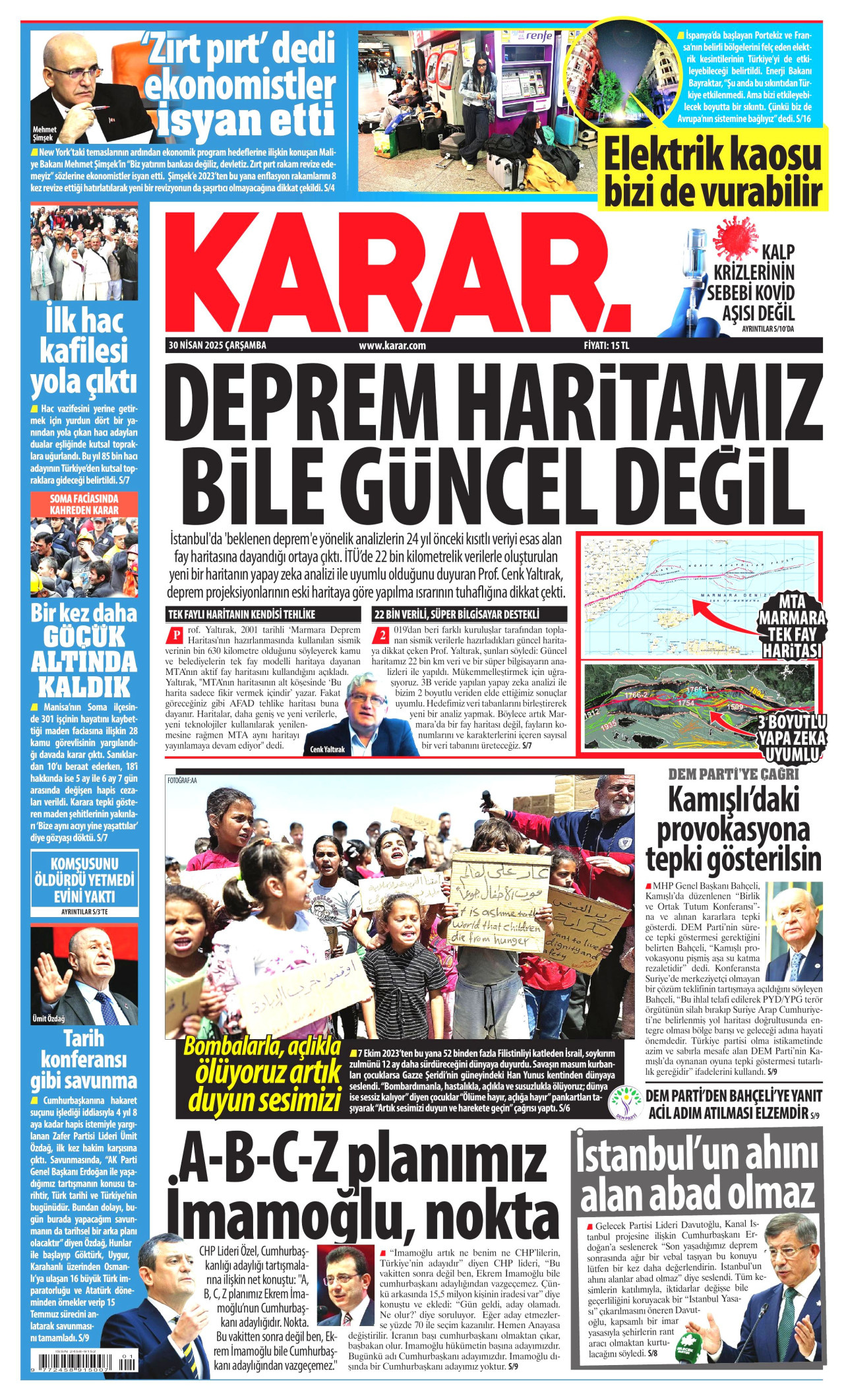 KARAR gazetesinin 30 Nisan 2025 tarihli birinci sayfası