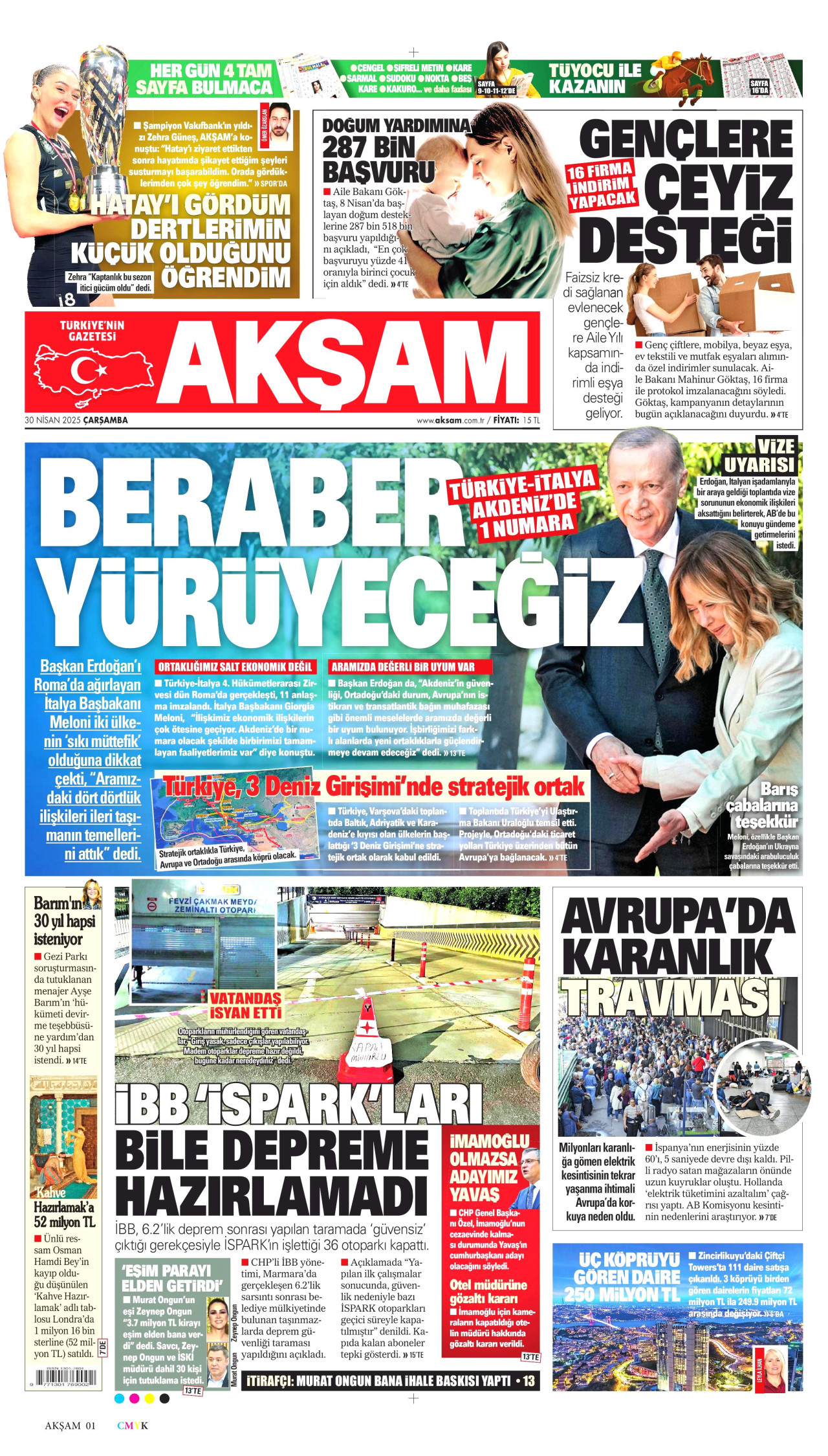 AKŞAM gazetesinin 30 Nisan 2025 tarihli birinci sayfası