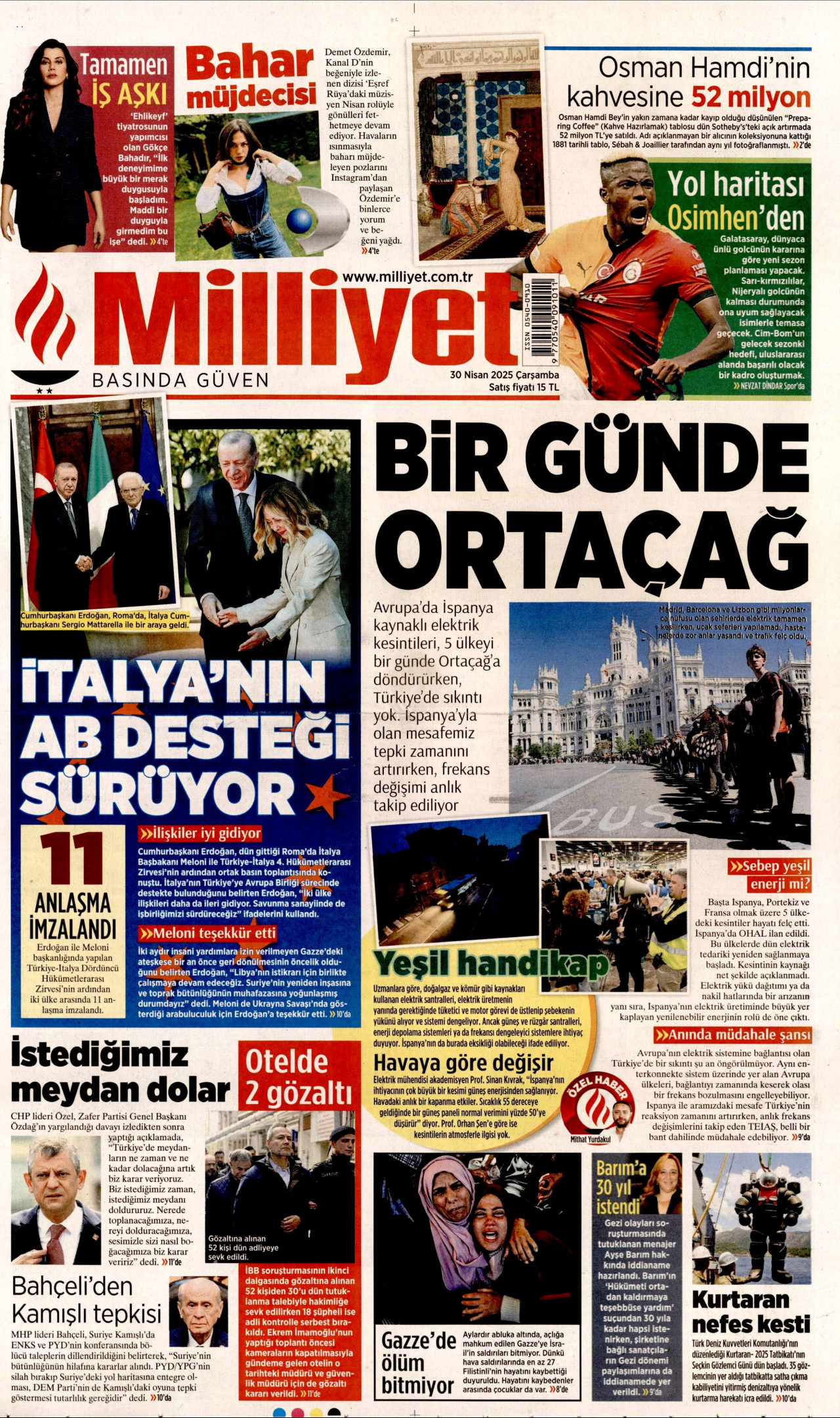 MİLLİYET gazetesinin 30 Nisan 2025 tarihli birinci sayfası