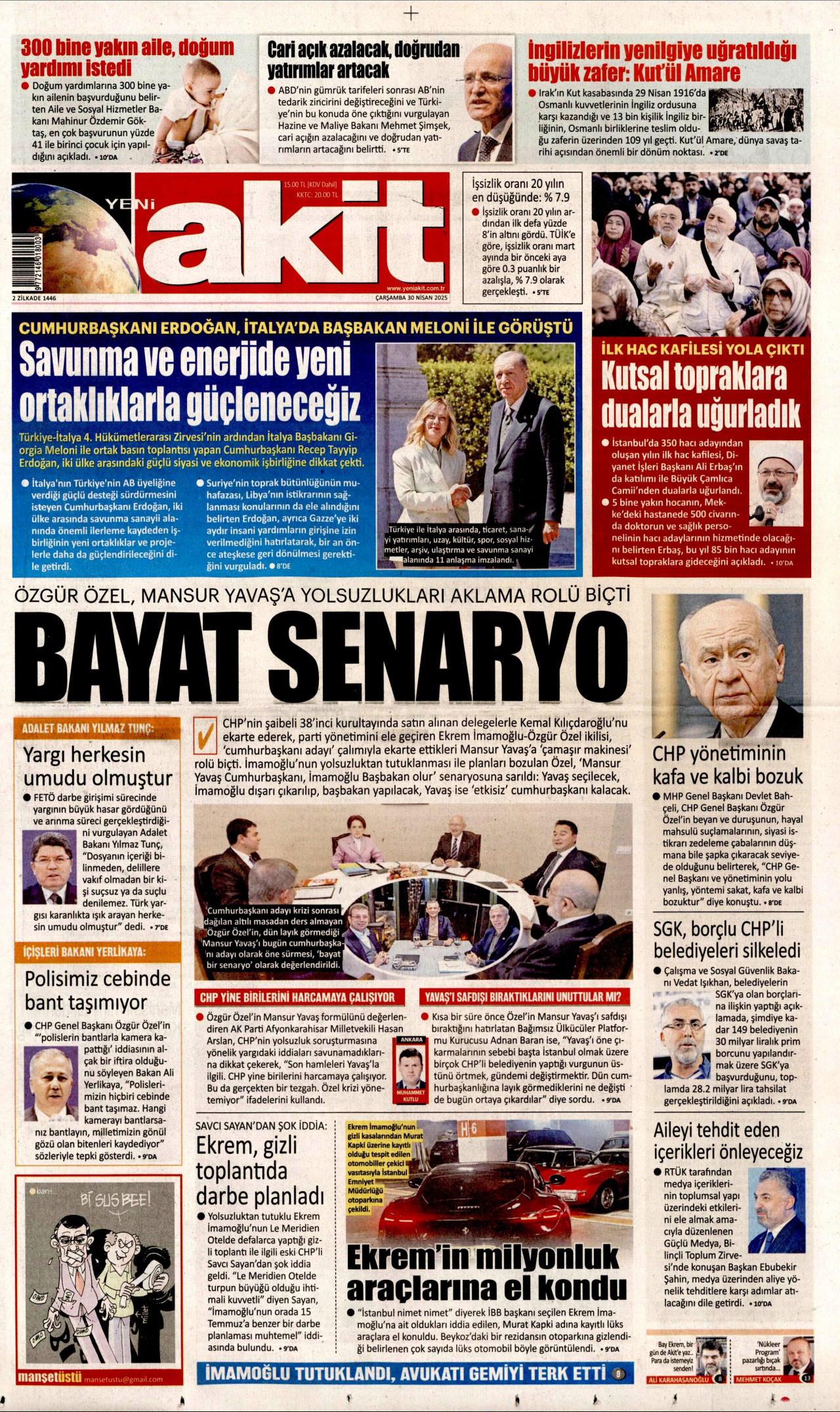 YENİ AKİT gazetesinin 30 Nisan 2025 tarihli birinci sayfası