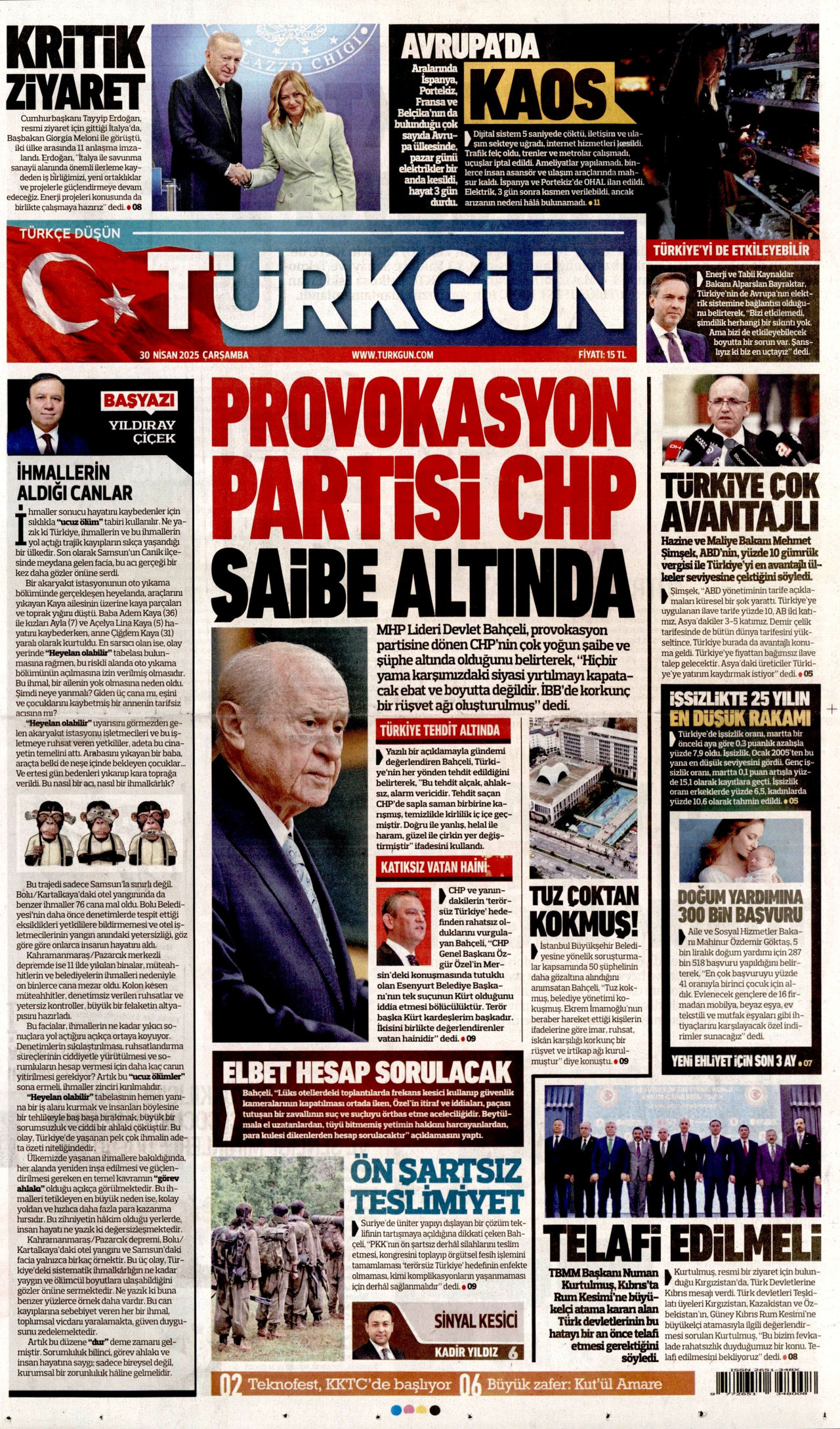 TÜRKGÜN gazetesinin 30 Nisan 2025 tarihli birinci sayfası