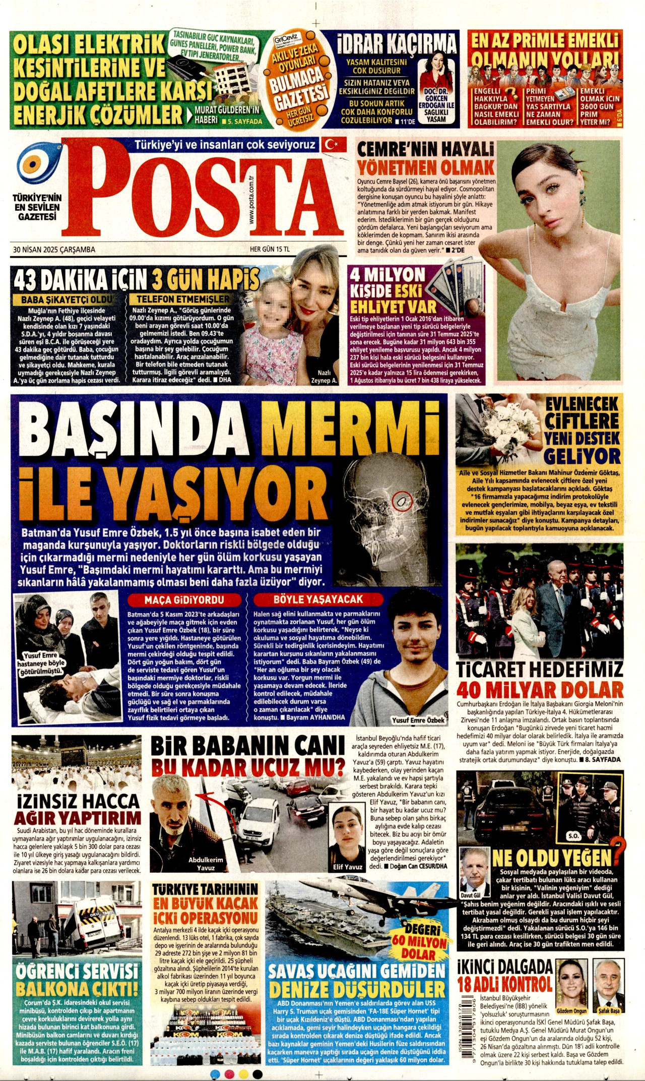 POSTA gazetesinin 30 Nisan 2025 tarihli birinci sayfası