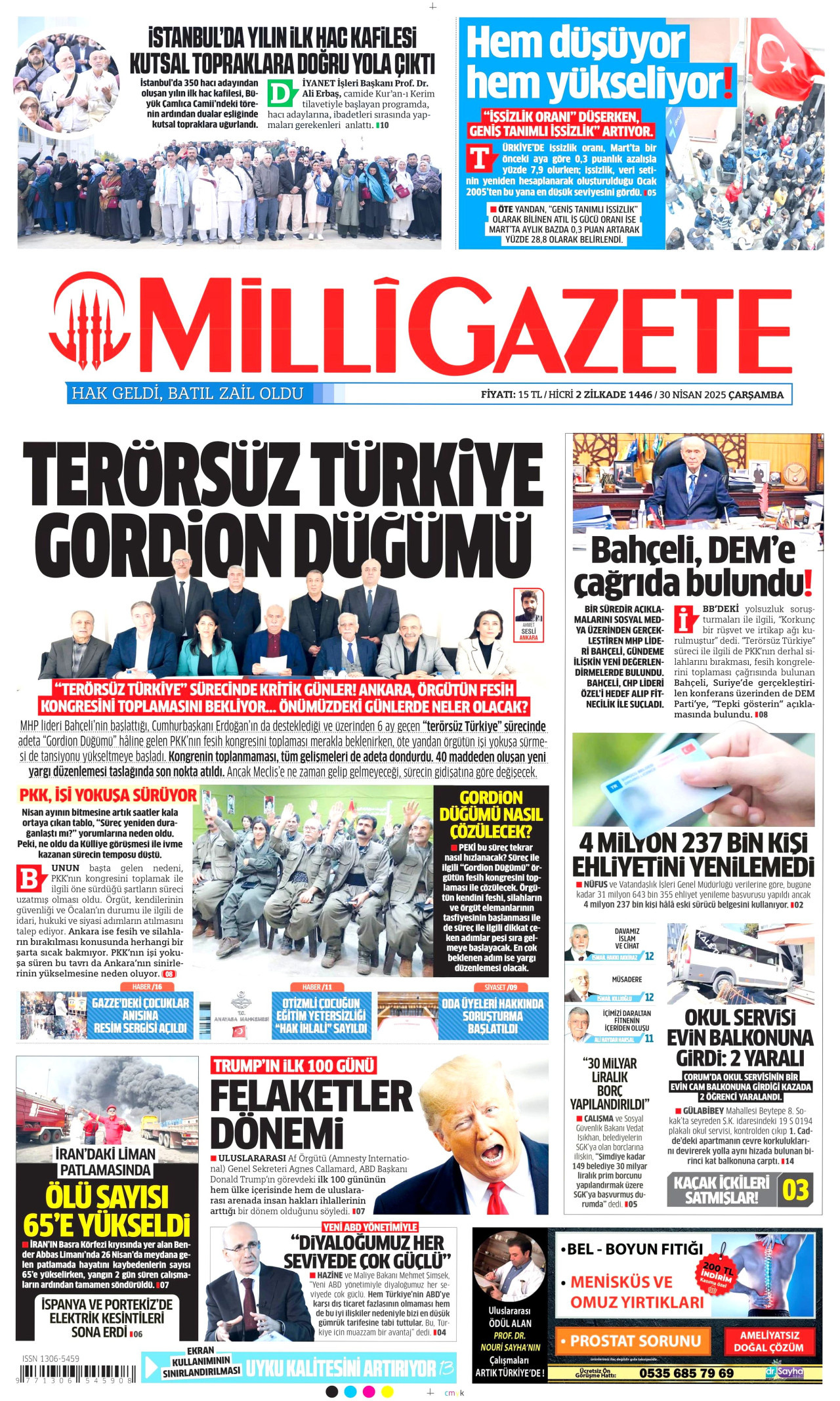 MİLLİ GAZETE gazetesinin 30 Nisan 2025 tarihli birinci sayfası