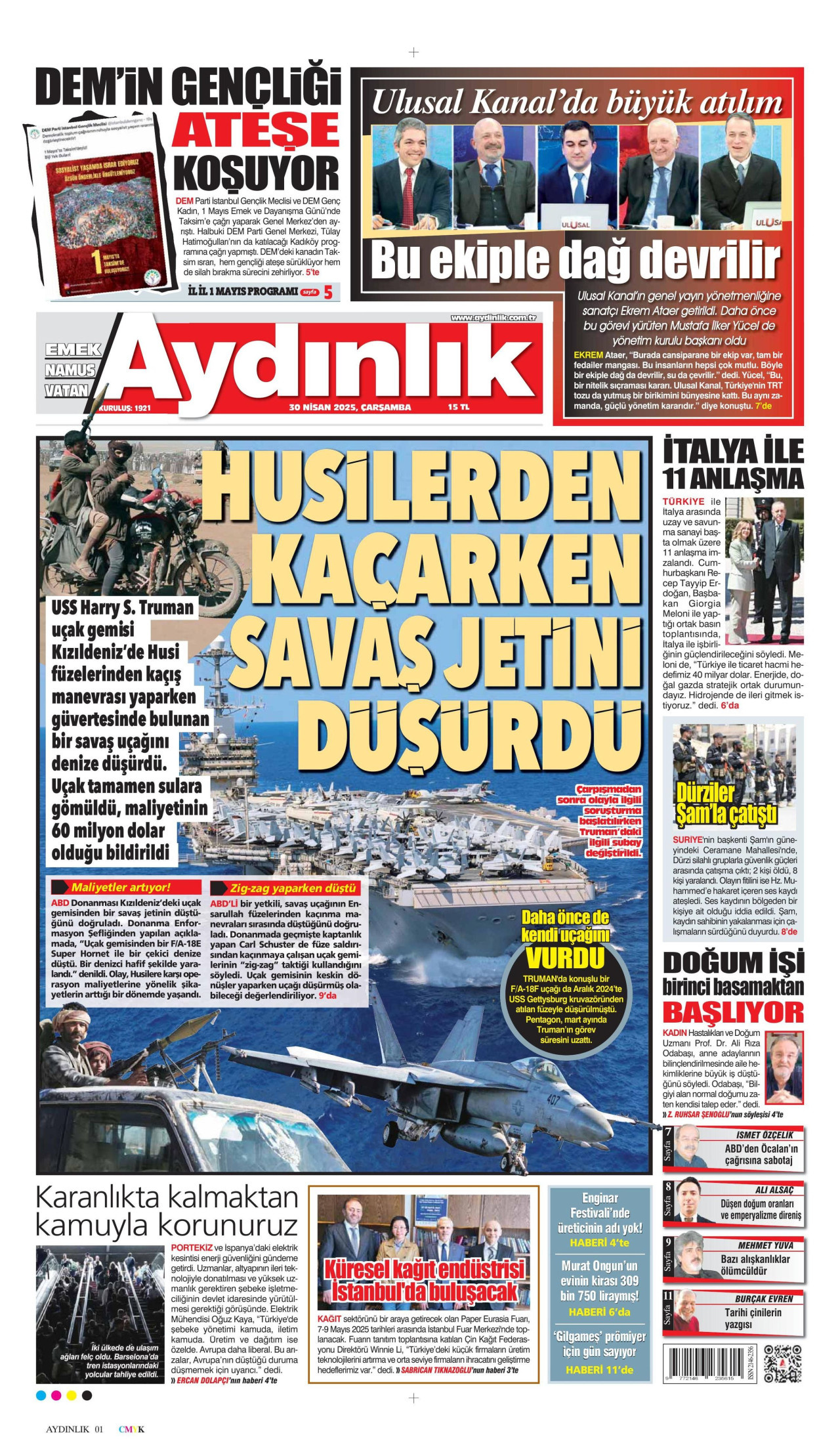 AYDINLIK GAZETESİ gazetesinin 30 Nisan 2025 tarihli birinci sayfası