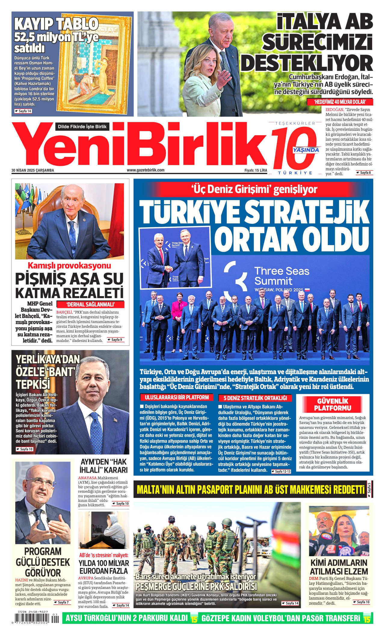 YENİBİRLİK gazetesinin 30 Nisan 2025 tarihli birinci sayfası