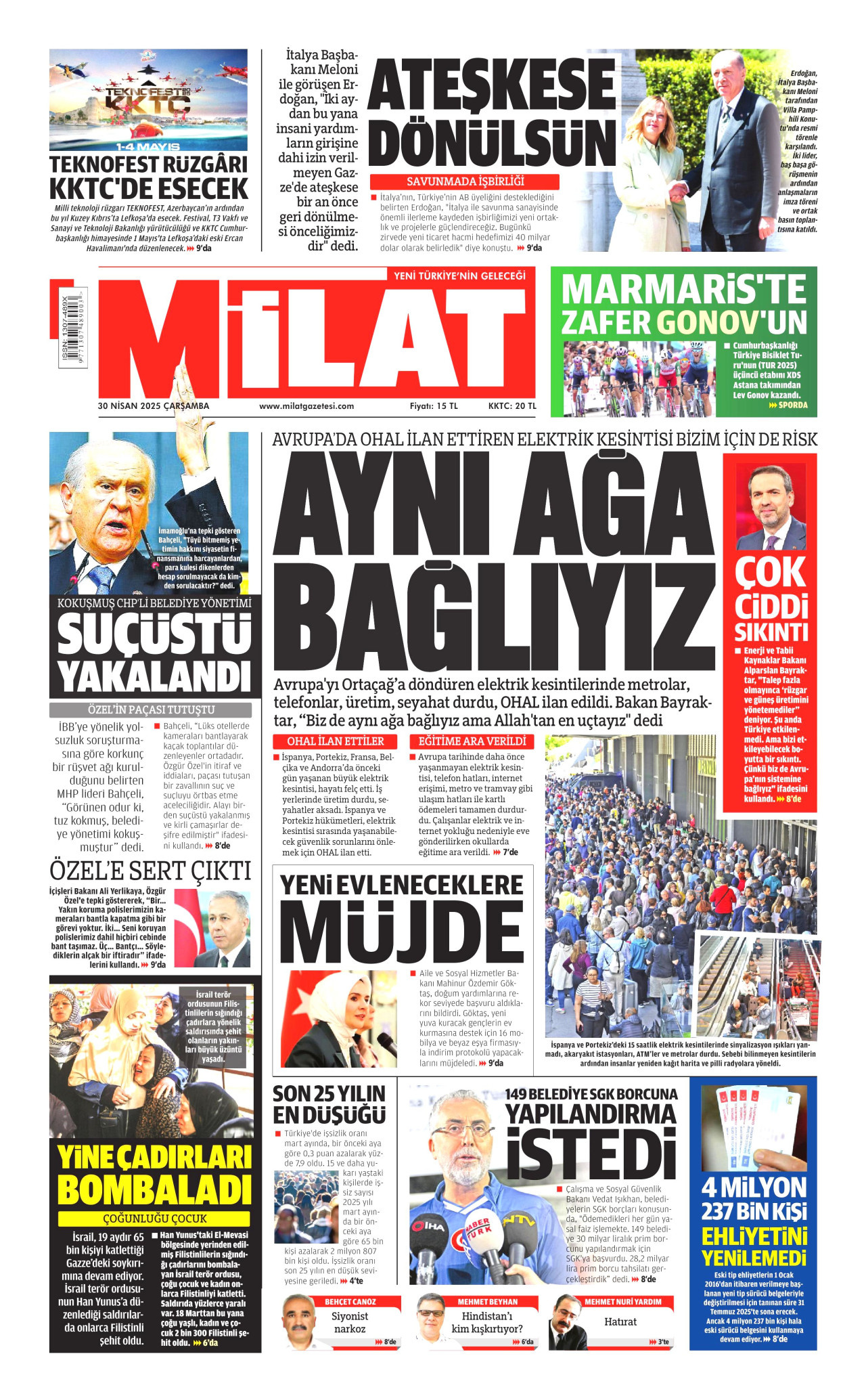 MİLAT gazetesinin 30 Nisan 2025 tarihli birinci sayfası