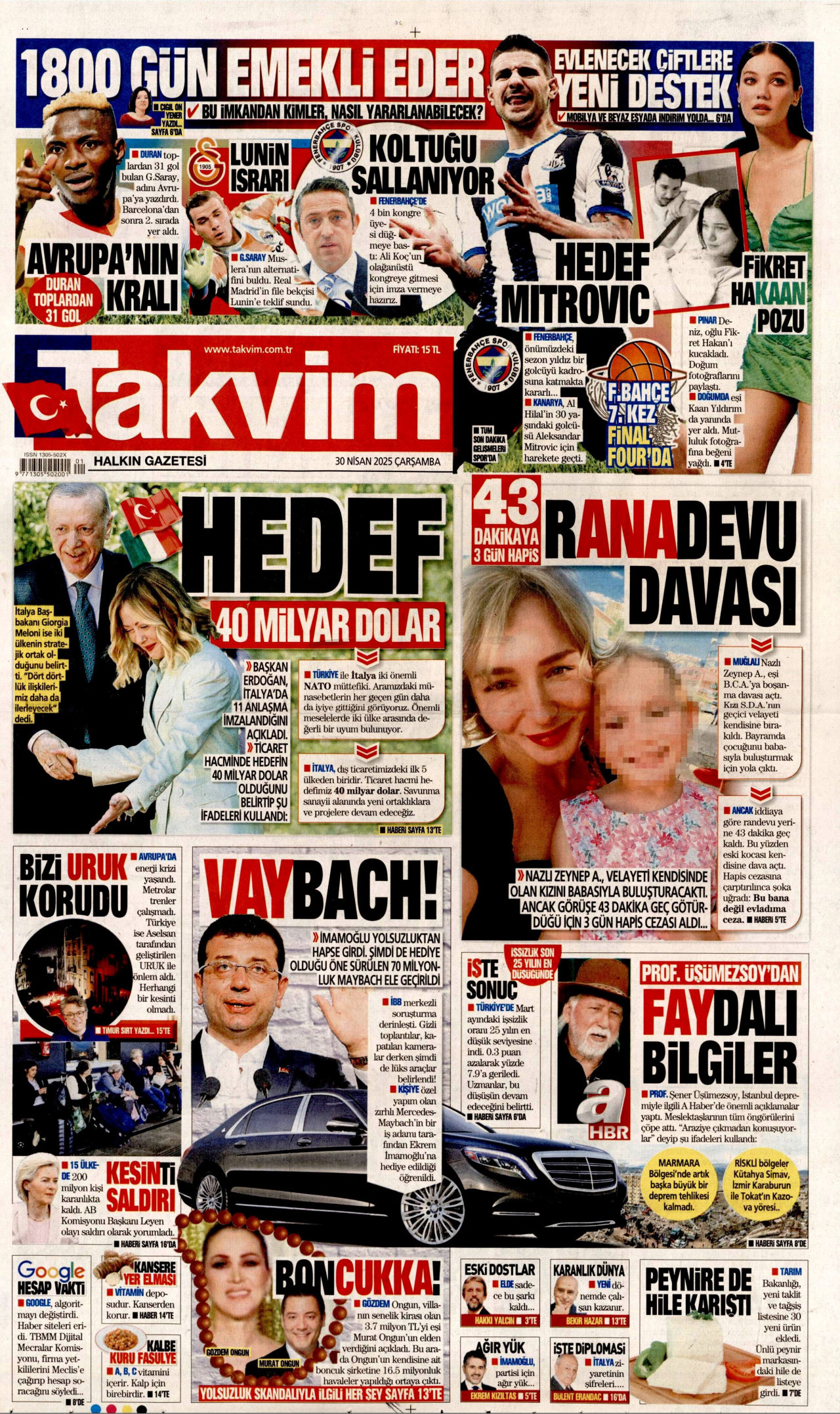 TAKVİM gazetesinin 30 Nisan 2025 tarihli birinci sayfası