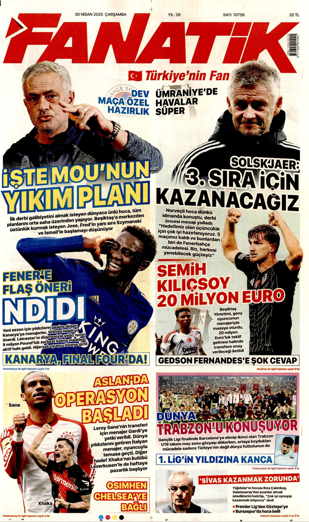 FANATİK gazetesinin 30 Nisan 2025 tarihli birinci sayfası