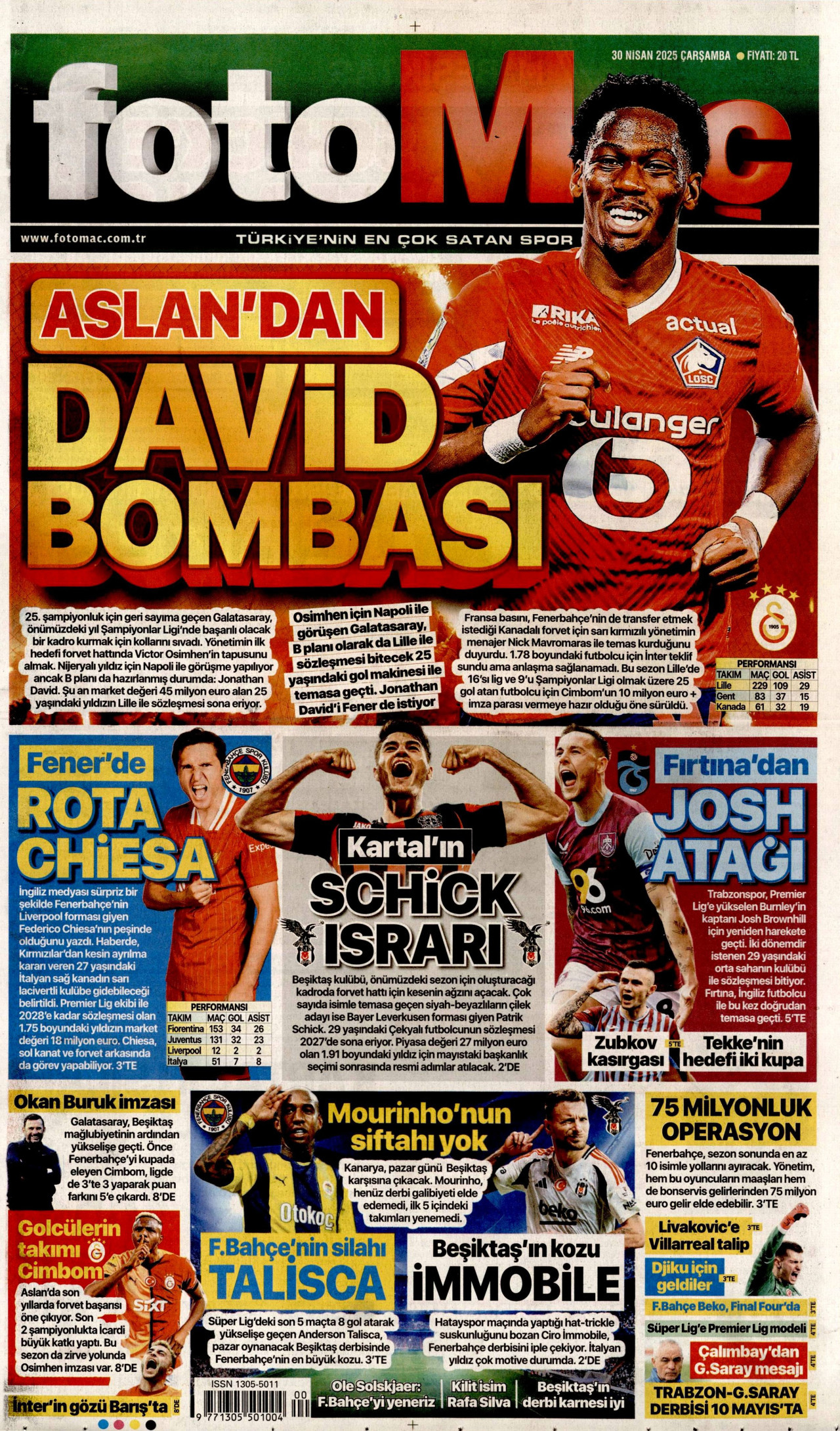 FOTOMAÇ gazetesinin 30 Nisan 2025 tarihli birinci sayfası