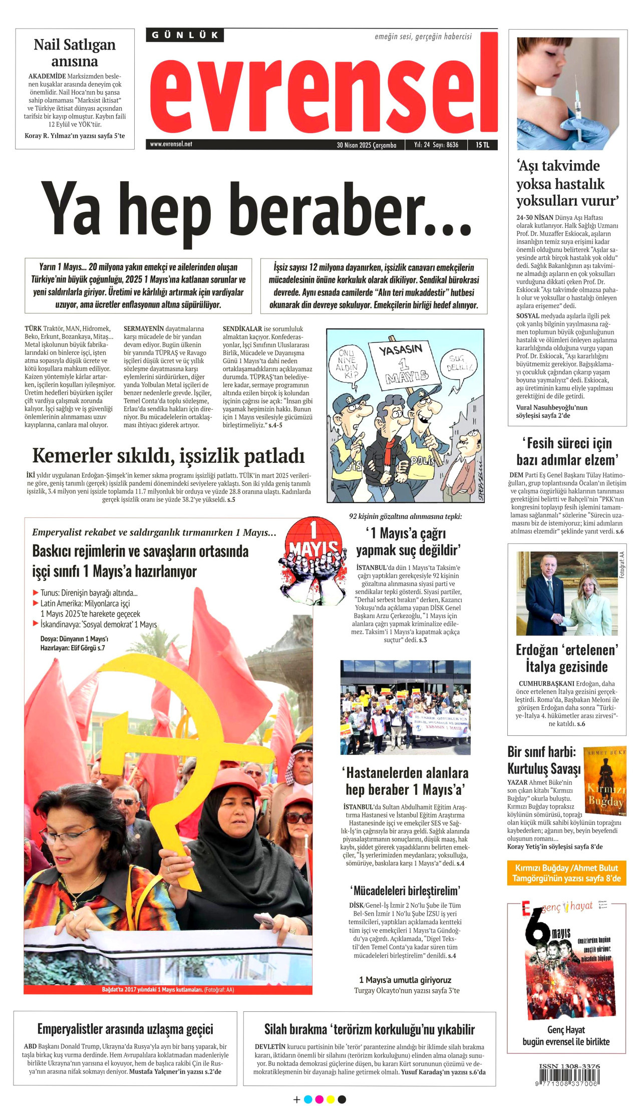 EVRENSEL gazetesinin 30 Nisan 2025 tarihli birinci sayfası