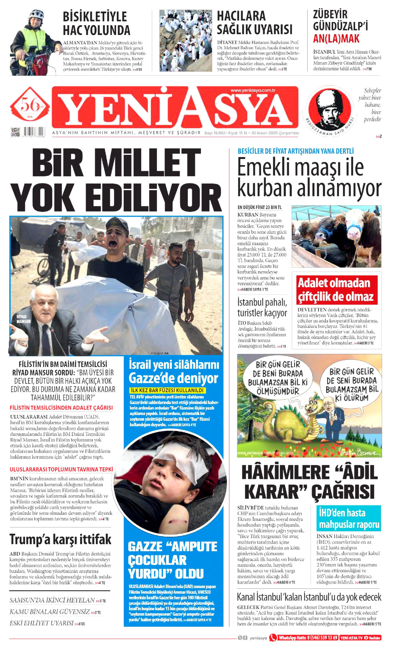 YENİ ASYA gazetesinin 30 Nisan 2025 tarihli birinci sayfası