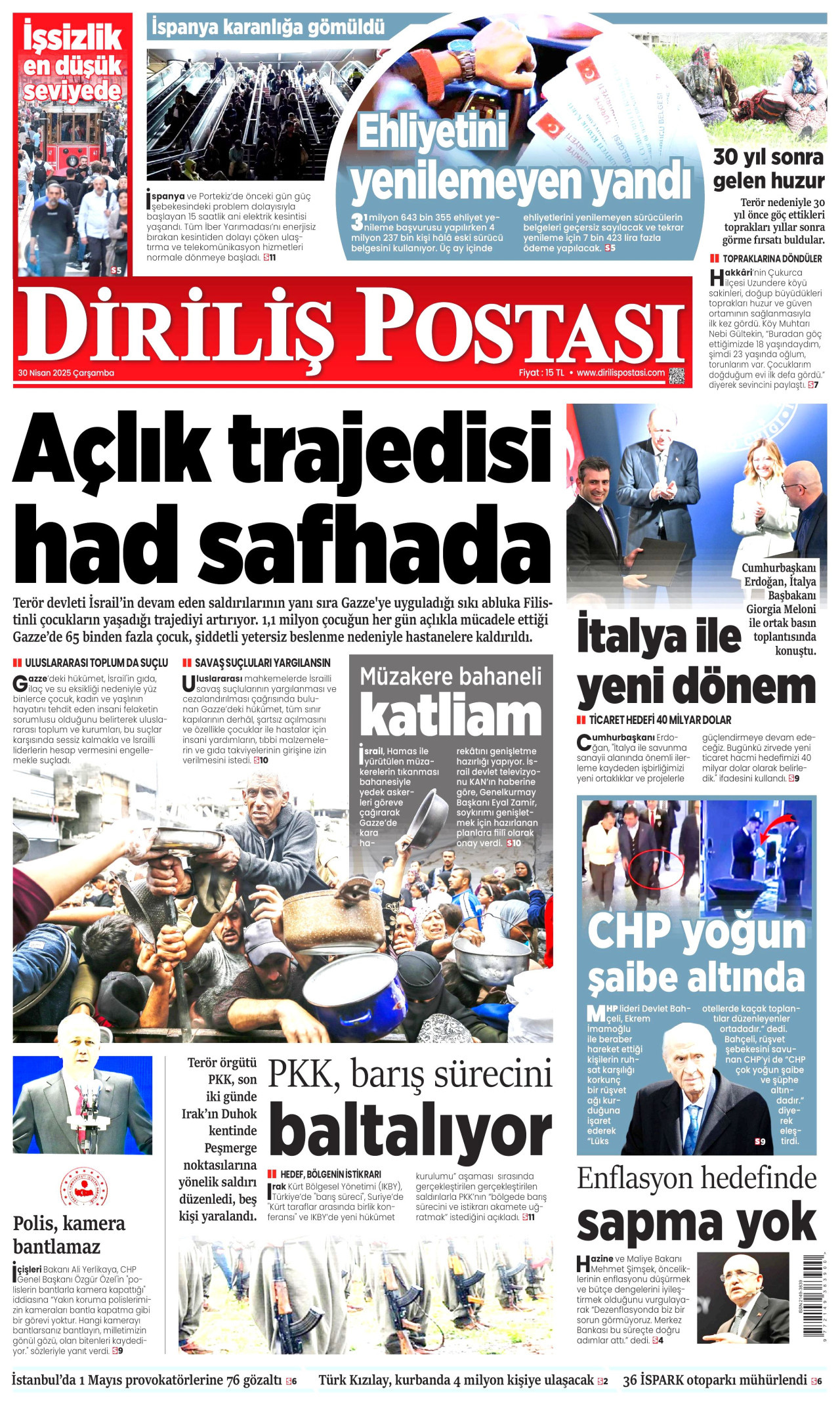 DİRİLİŞ POSTASI gazetesinin 30 Nisan 2025 tarihli birinci sayfası