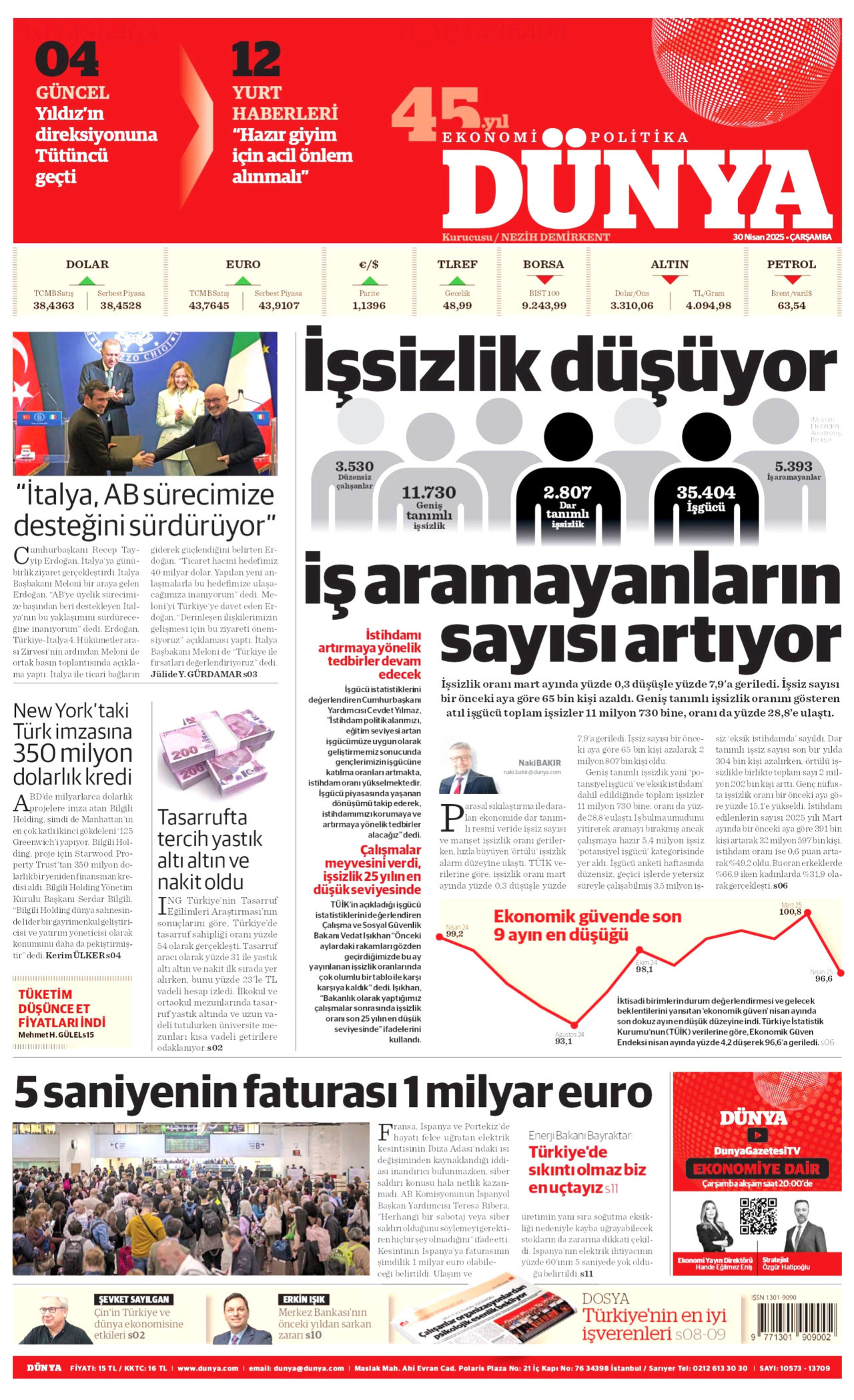 DÜNYA gazetesinin 30 Nisan 2025 tarihli birinci sayfası