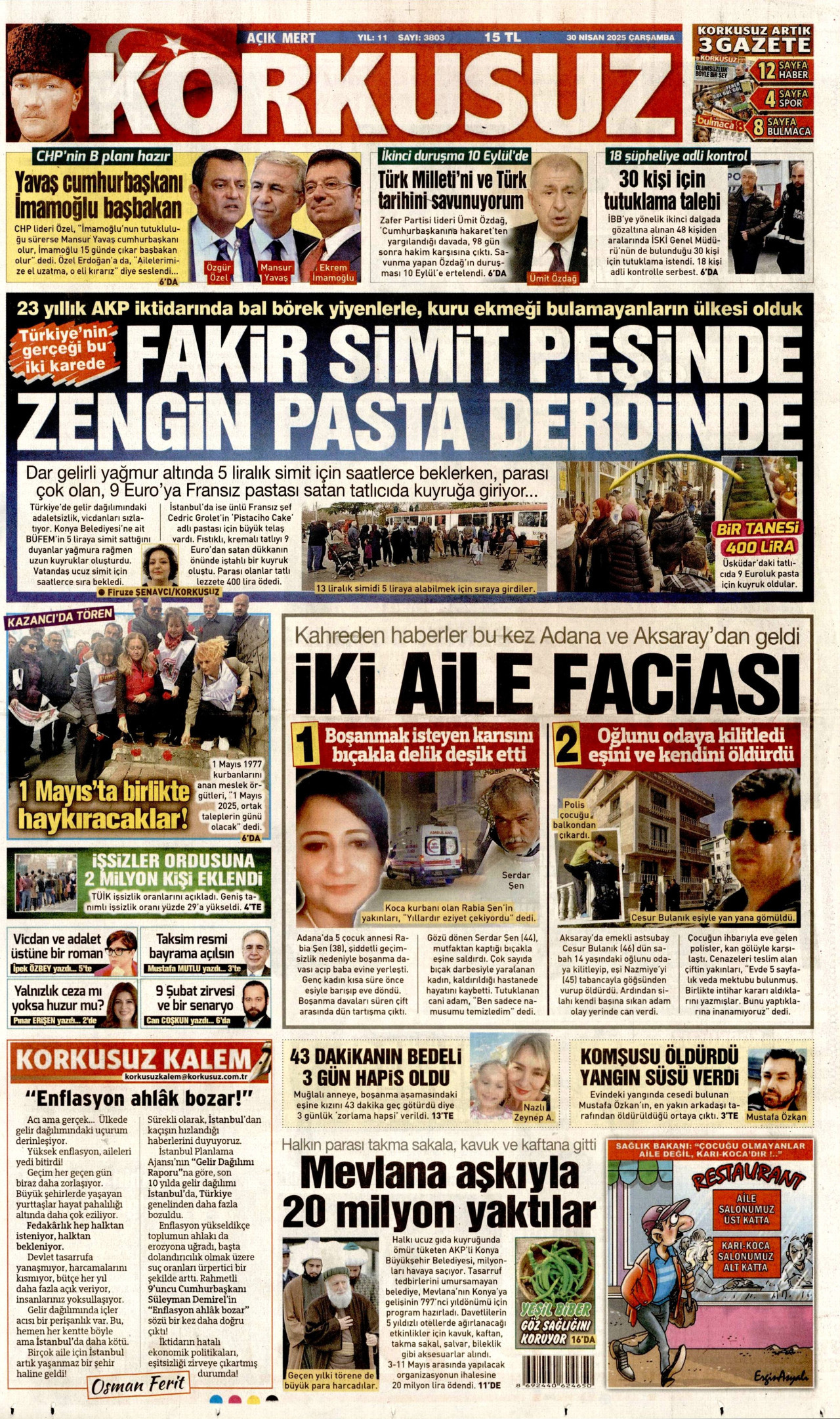 KORKUSUZ gazetesinin 30 Nisan 2025 tarihli birinci sayfası