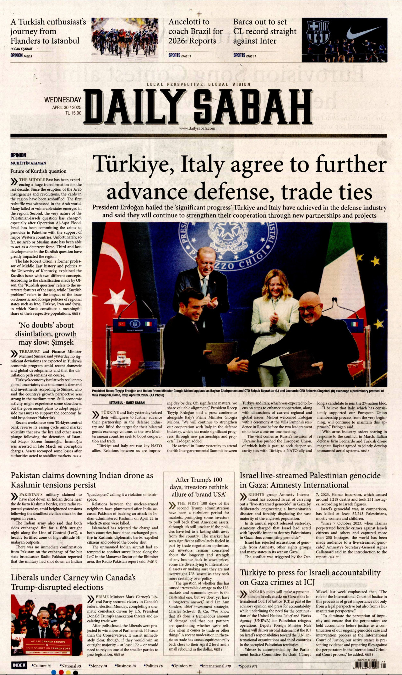 DAİLY SABAH gazetesinin 30 Nisan 2025 tarihli birinci sayfası