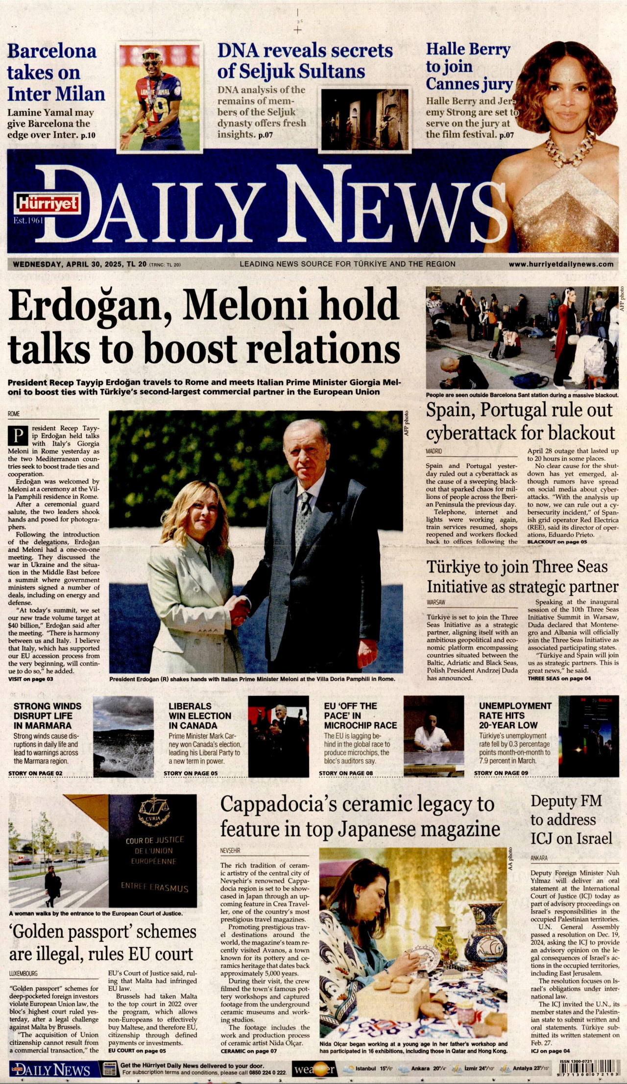 HÜRRİYET DAİLY NEWS gazetesinin 30 Nisan 2025 tarihli birinci sayfası