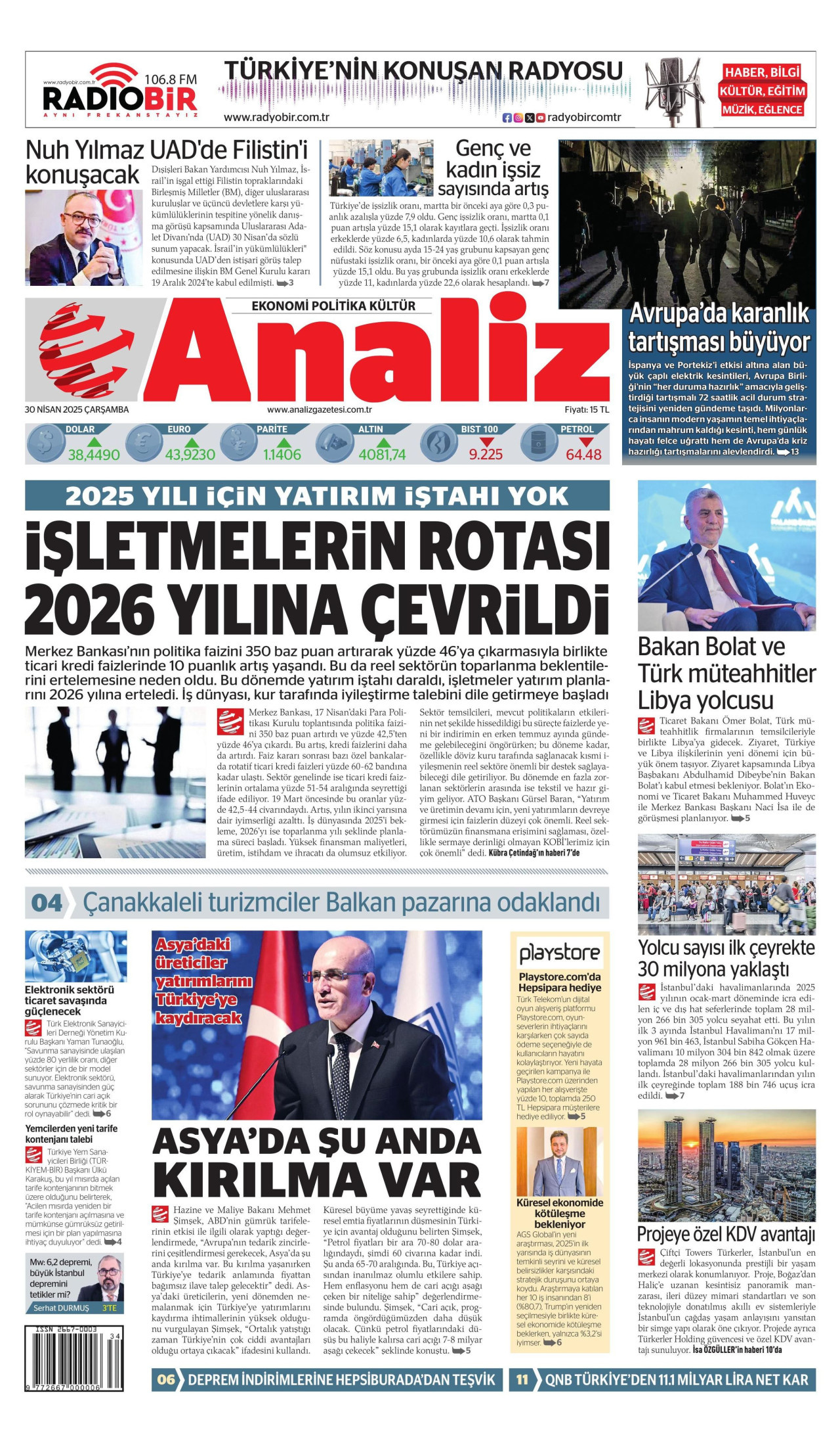 ANALİZ gazetesinin 30 Nisan 2025 tarihli birinci sayfası
