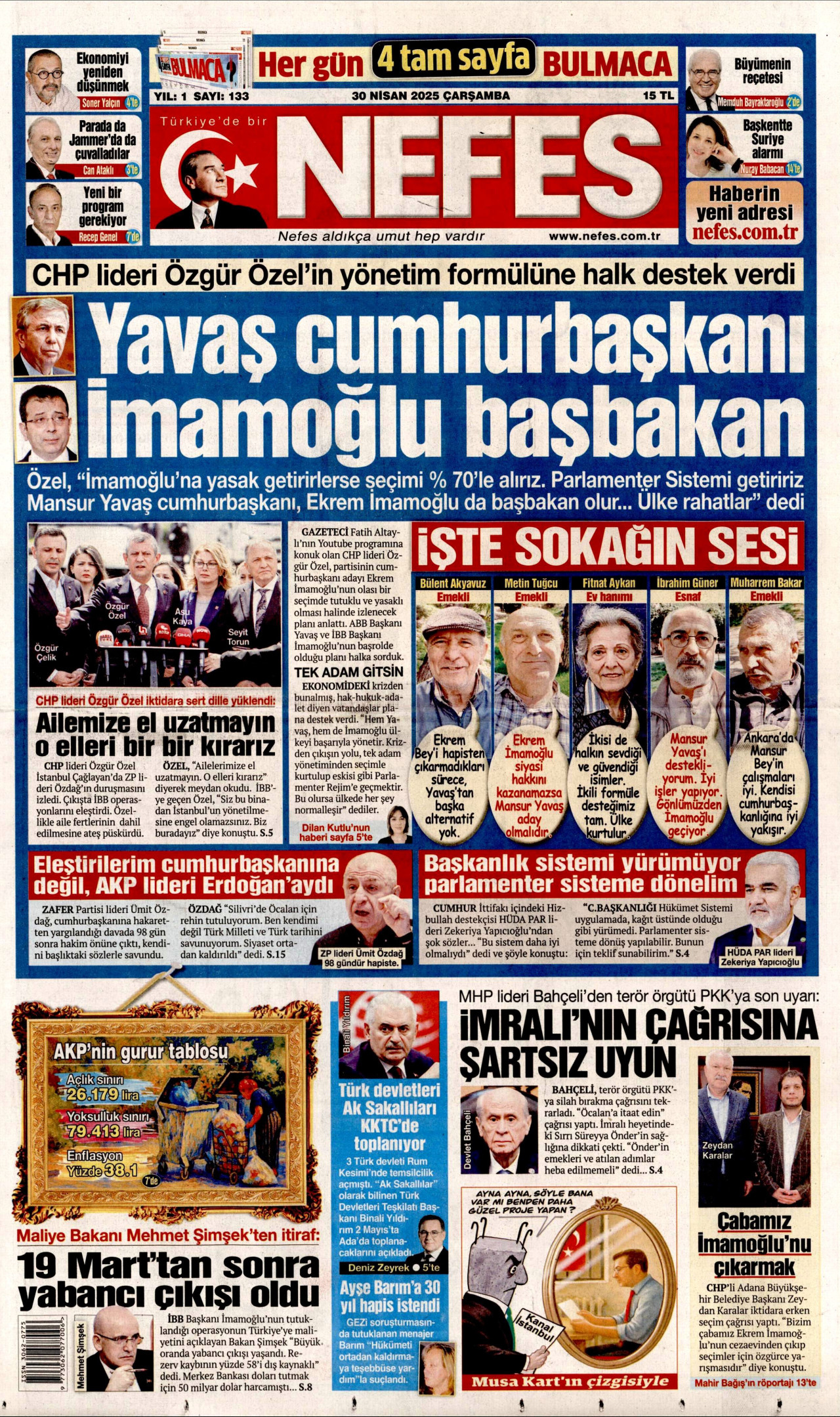 NEFES gazetesinin 30 Nisan 2025 tarihli birinci sayfası