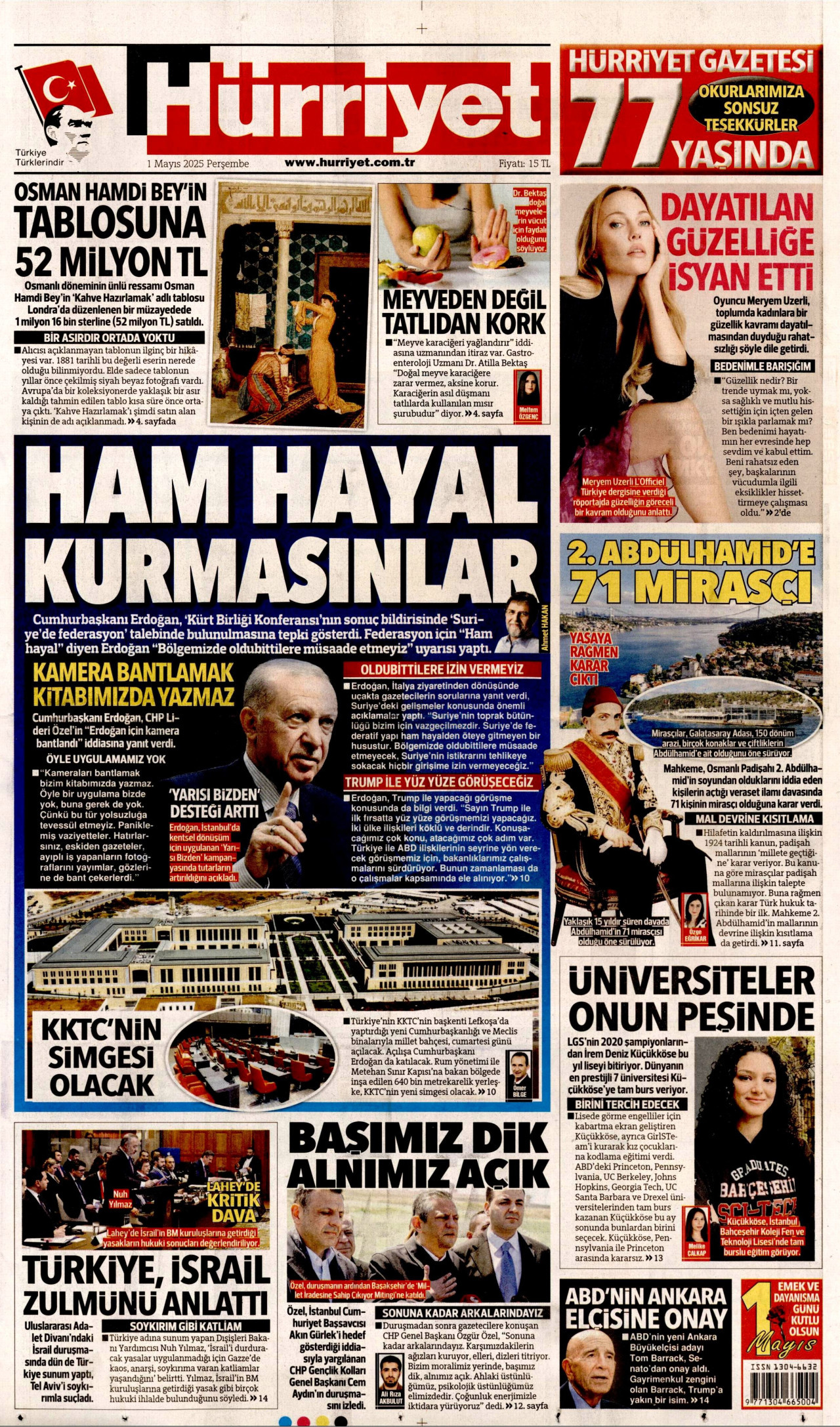 HÜRRİYET gazetesinin 1 Mayıs 2025 tarihli birinci sayfası