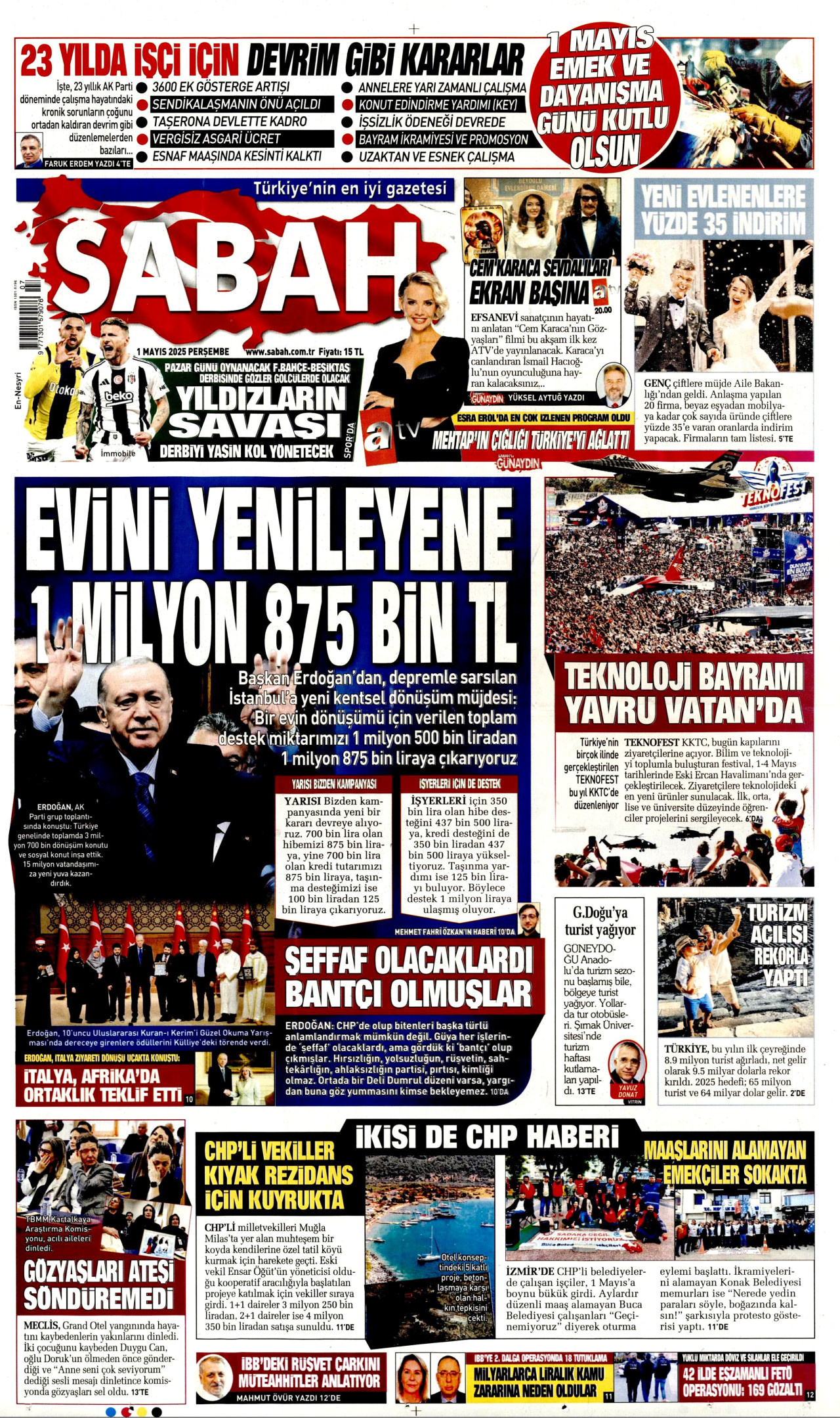 SABAH gazetesinin 1 Mayıs 2025 tarihli birinci sayfası