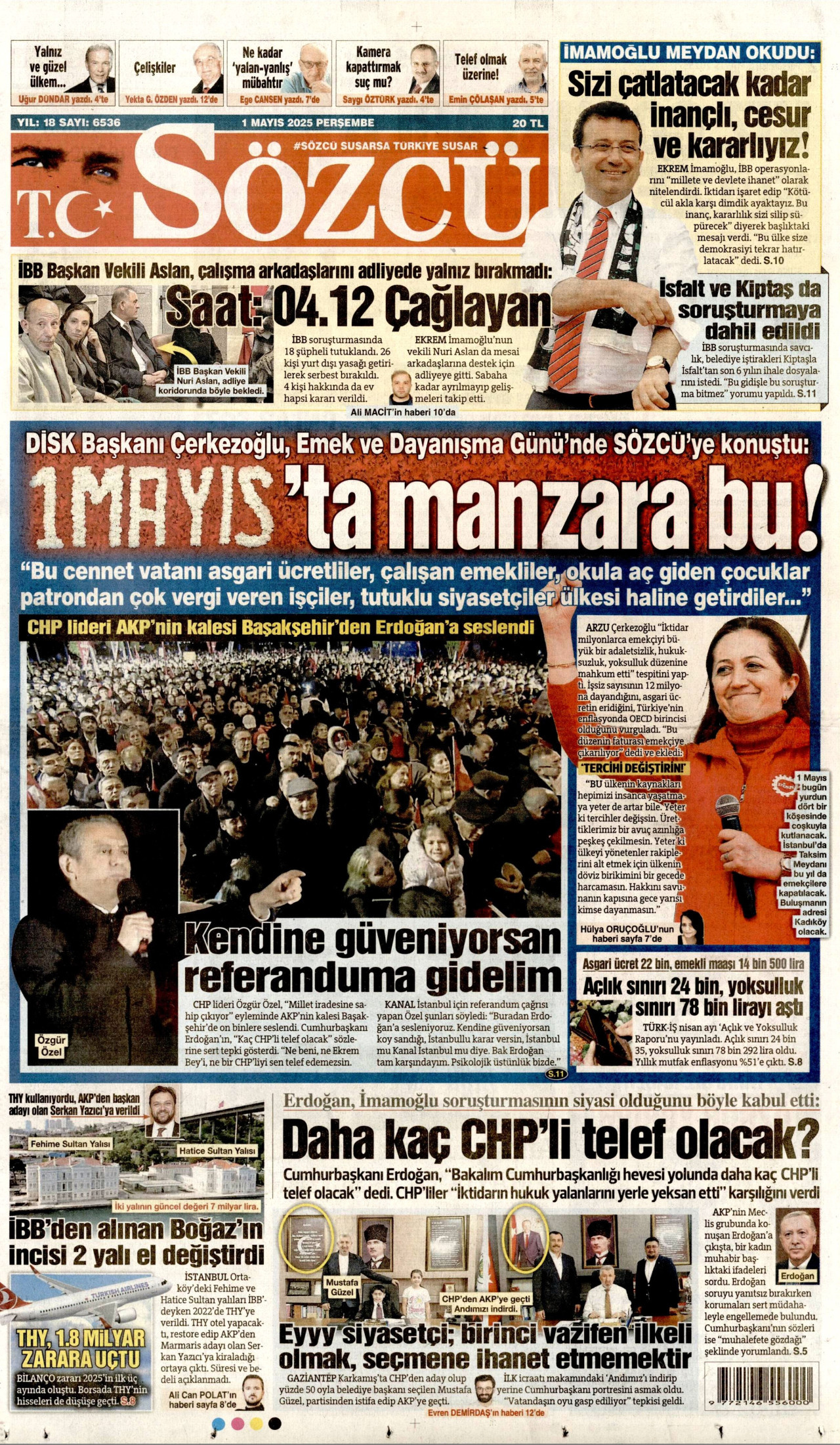 SÖZCÜ gazetesinin 1 Mayıs 2025 tarihli birinci sayfası