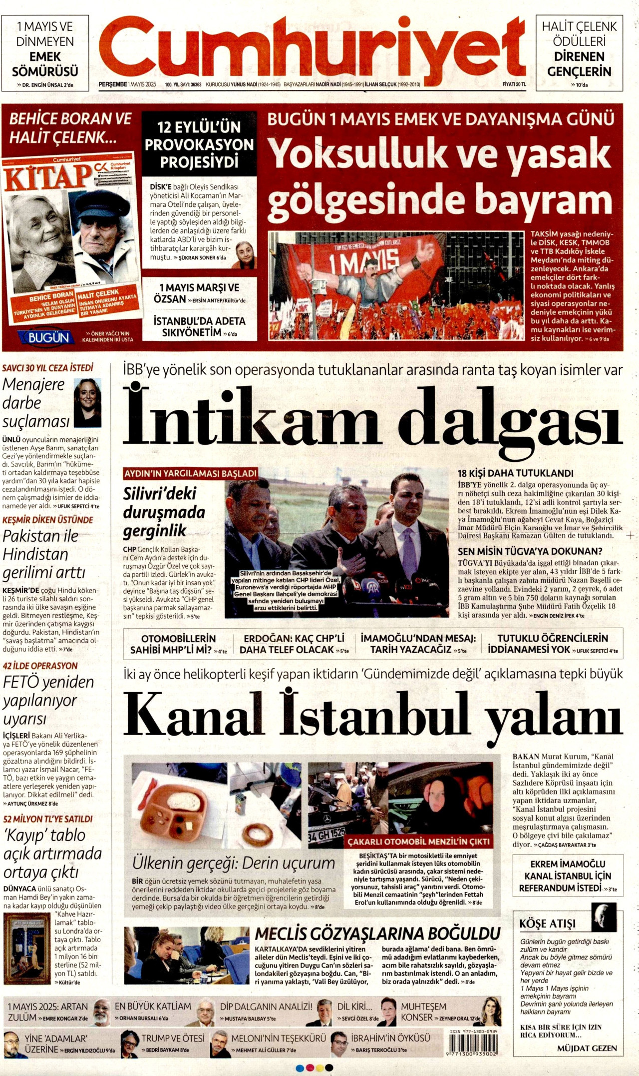 CUMHURİYET gazetesinin 1 Mayıs 2025 tarihli birinci sayfası