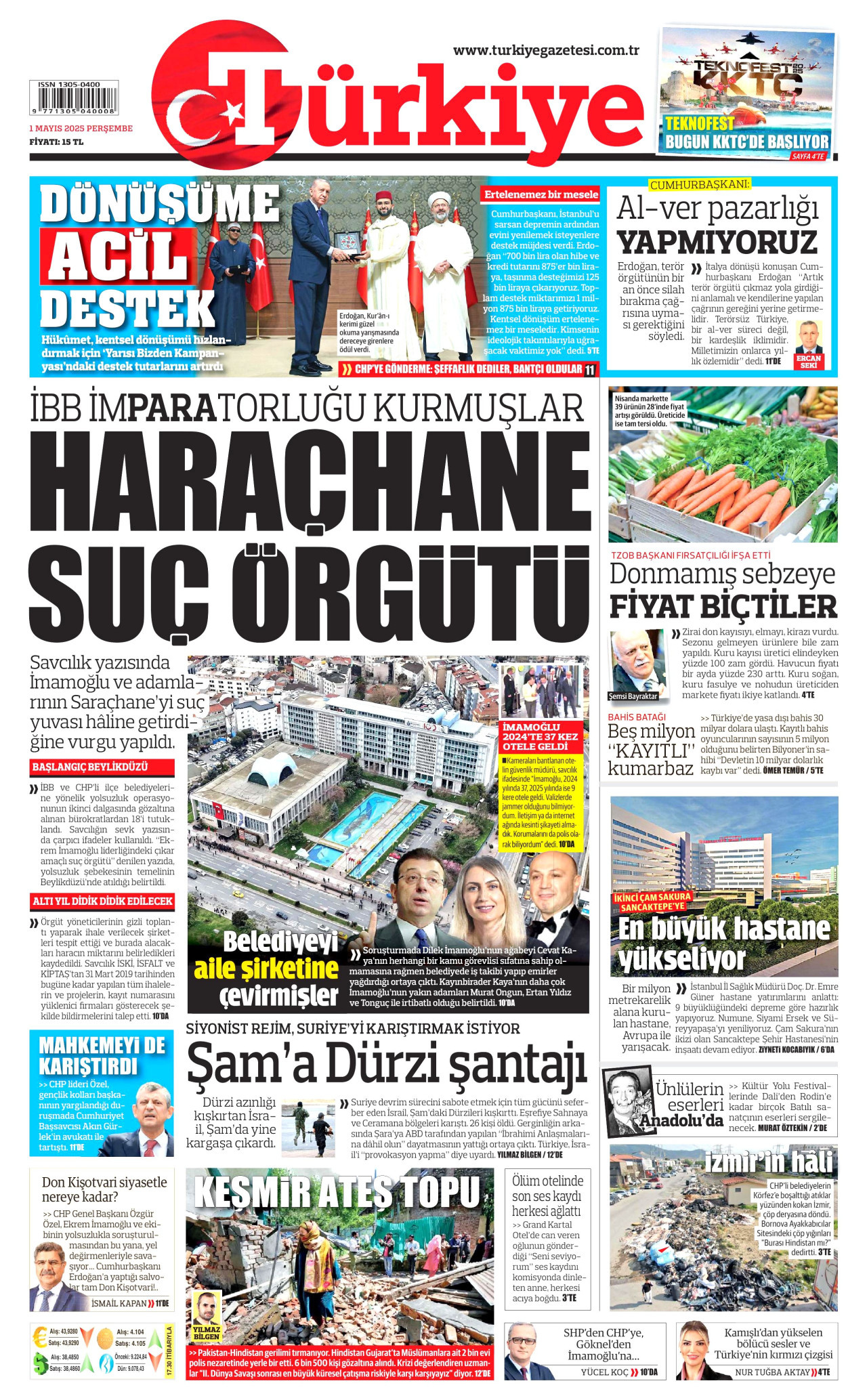 TÜRKİYE GAZETESİ gazetesinin 1 Mayıs 2025 tarihli birinci sayfası