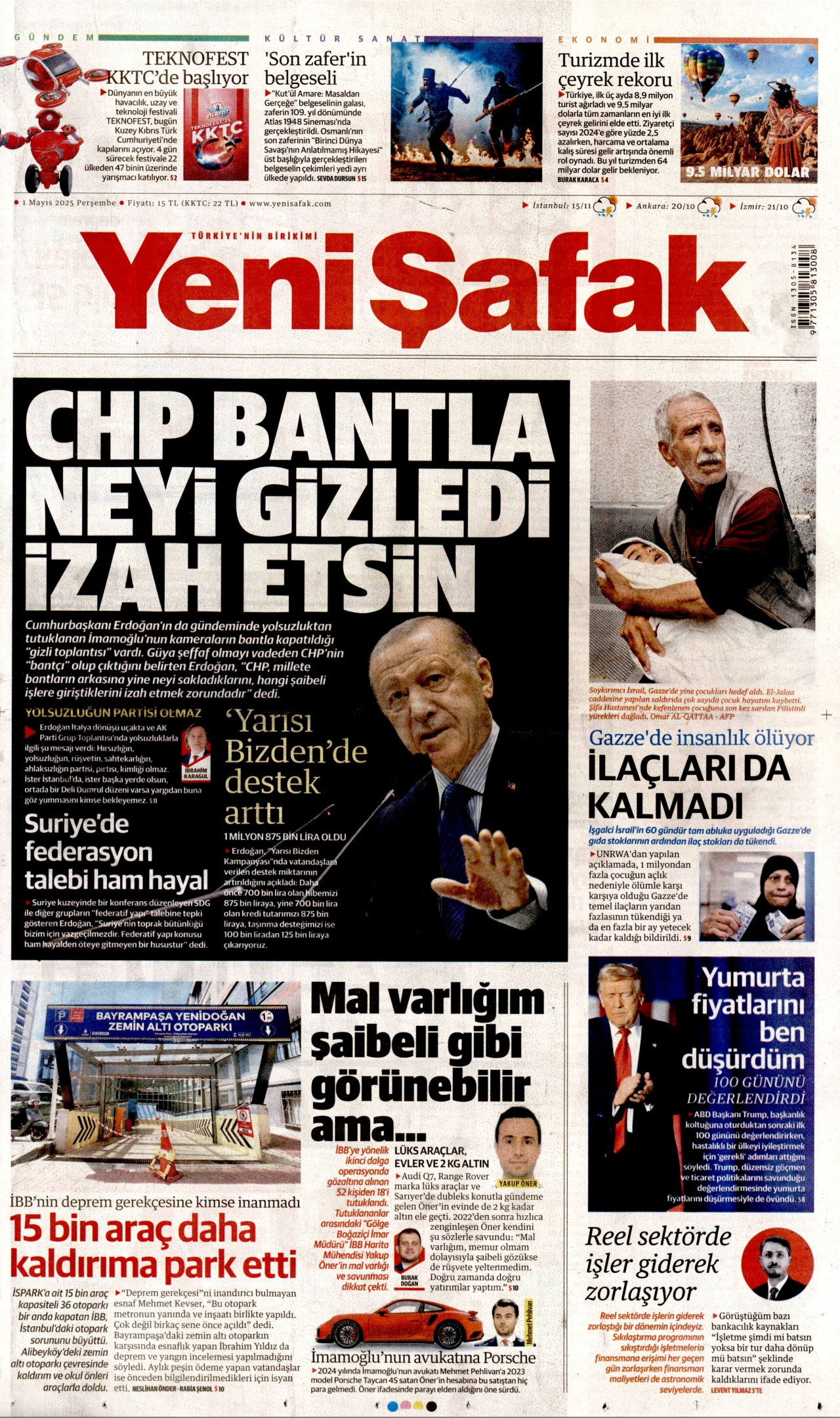 YENİ ŞAFAK gazetesinin 1 Mayıs 2025 tarihli birinci sayfası