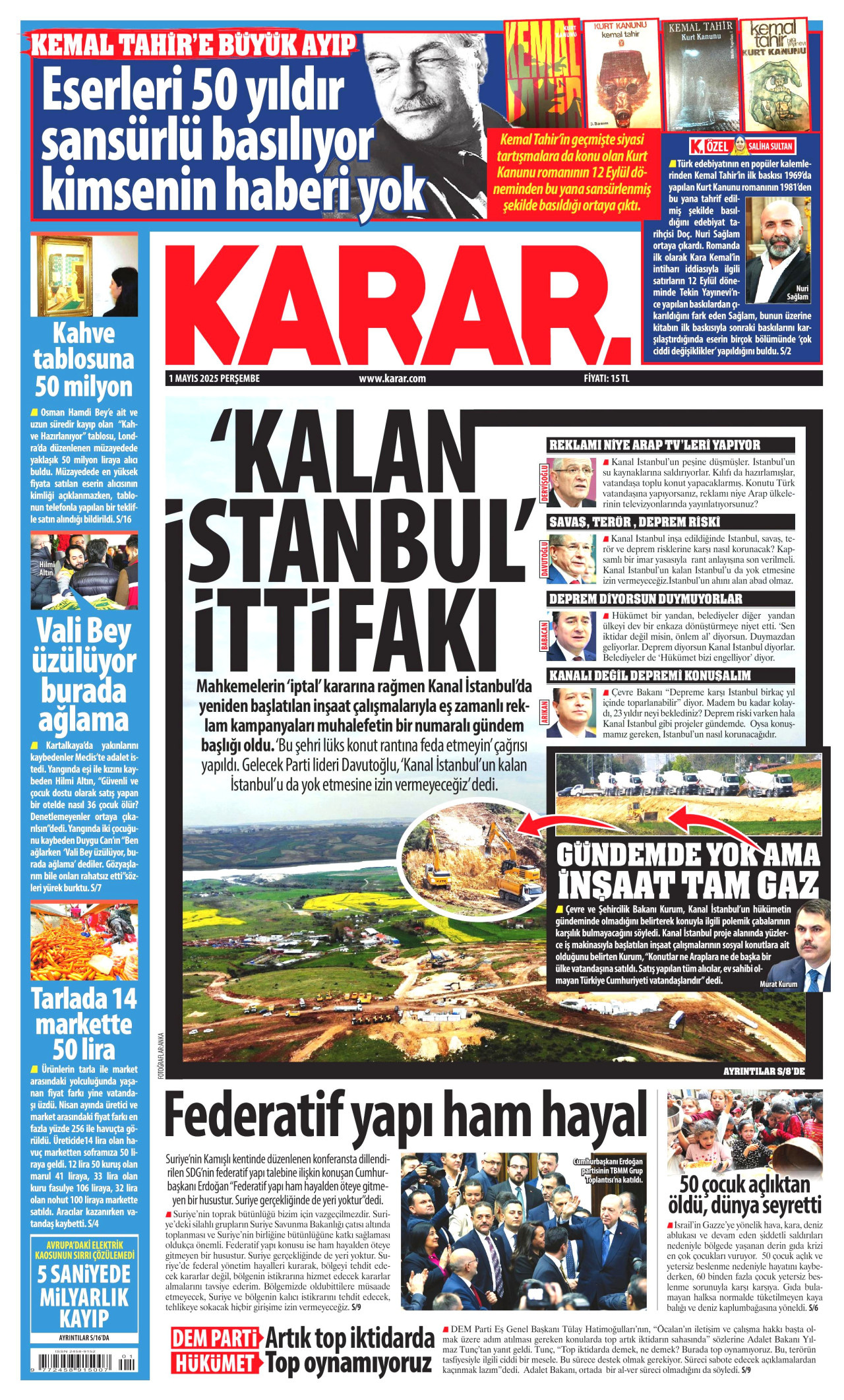 KARAR gazetesinin 1 Mayıs 2025 tarihli birinci sayfası