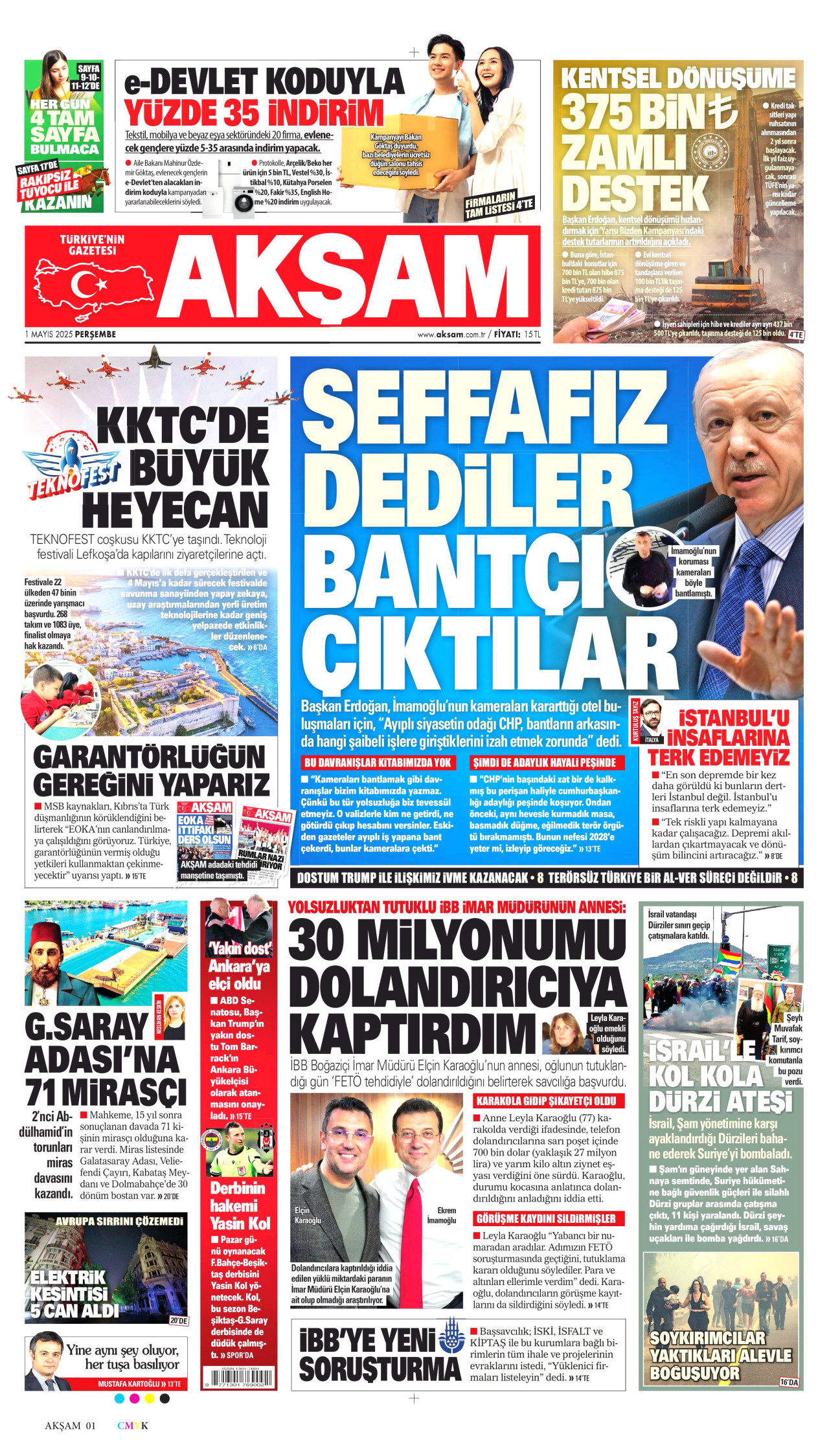 AKŞAM gazetesinin 1 Mayıs 2025 tarihli birinci sayfası