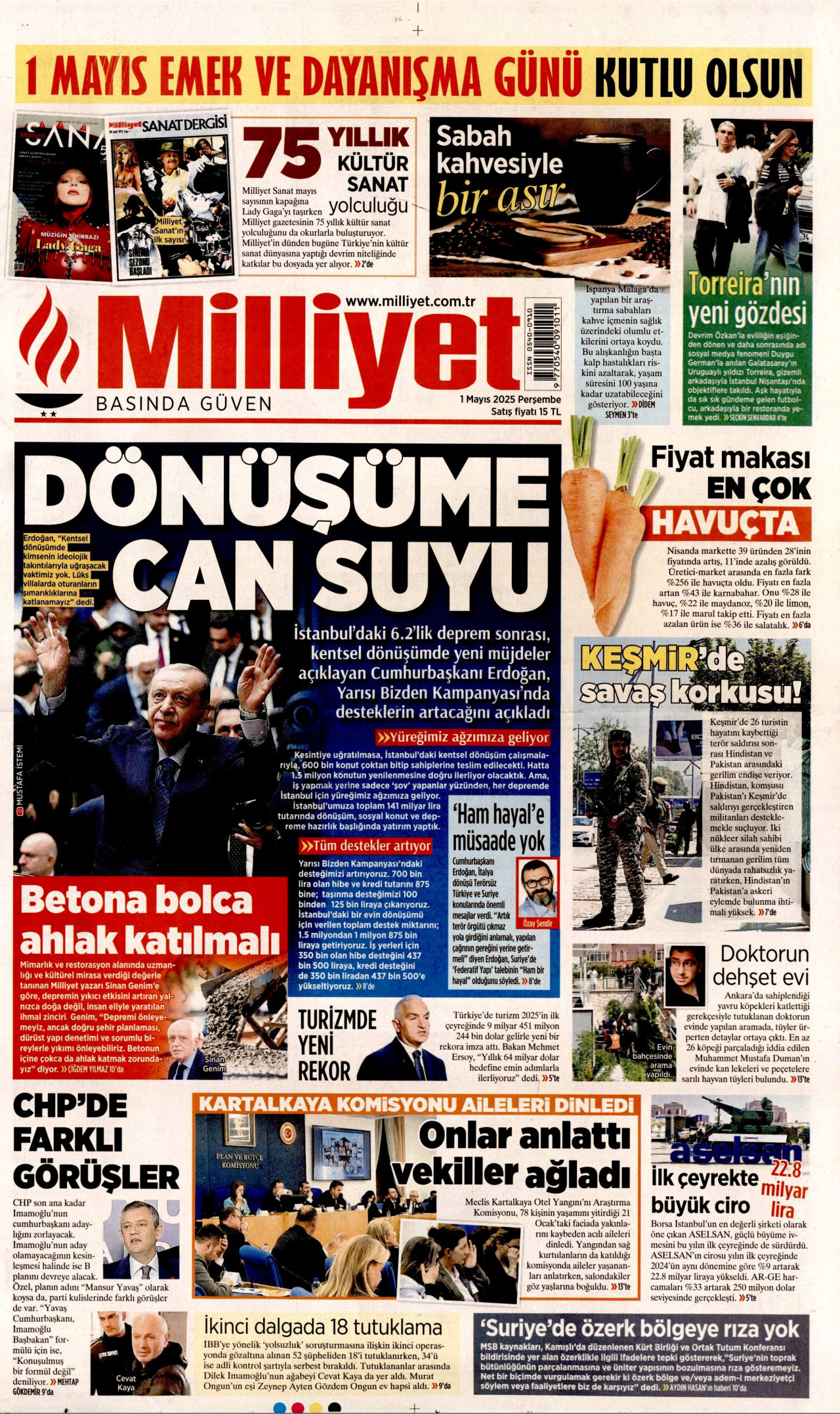 MİLLİYET gazetesinin 1 Mayıs 2025 tarihli birinci sayfası