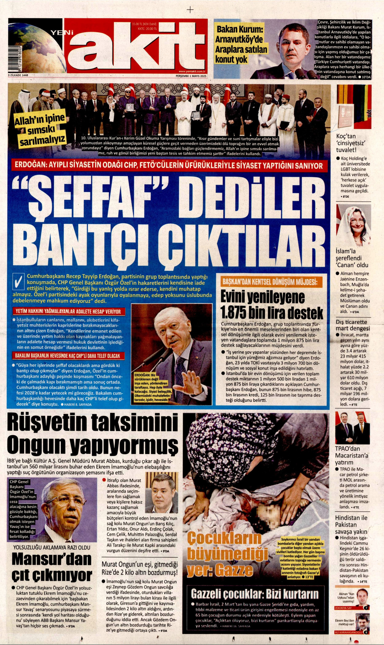 YENİ AKİT gazetesinin 1 Mayıs 2025 tarihli birinci sayfası