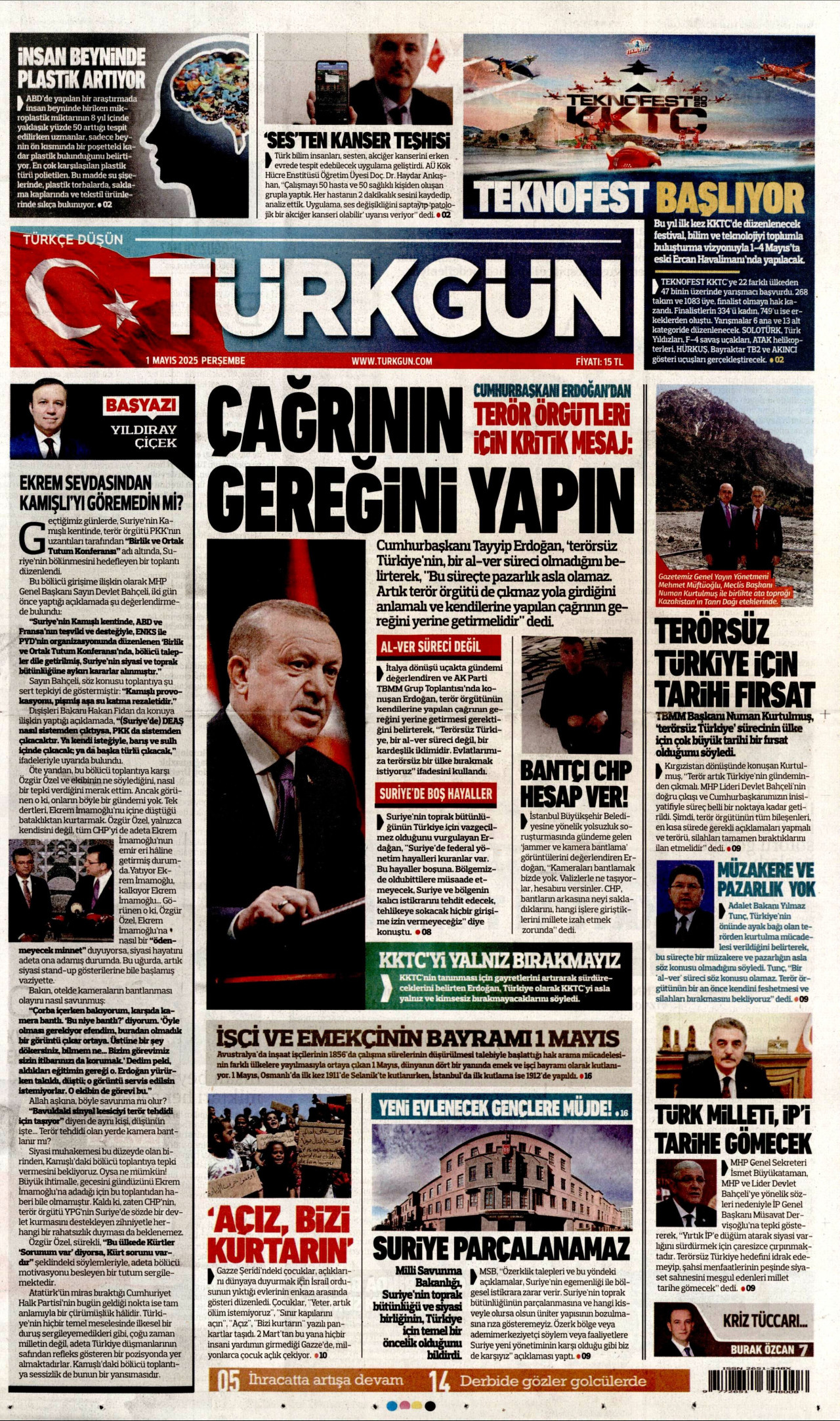 TÜRKGÜN gazetesinin 1 Mayıs 2025 tarihli birinci sayfası