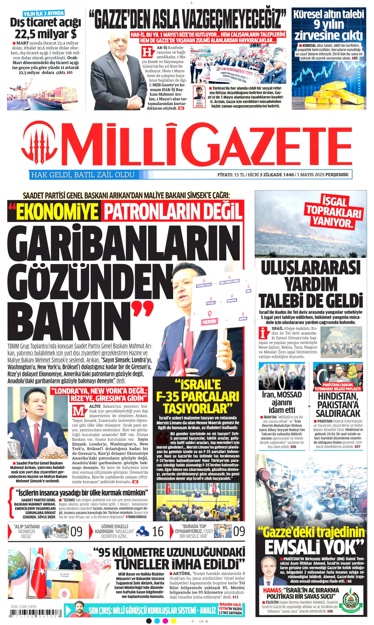 MİLLİ GAZETE gazetesinin 1 Mayıs 2025 tarihli birinci sayfası
