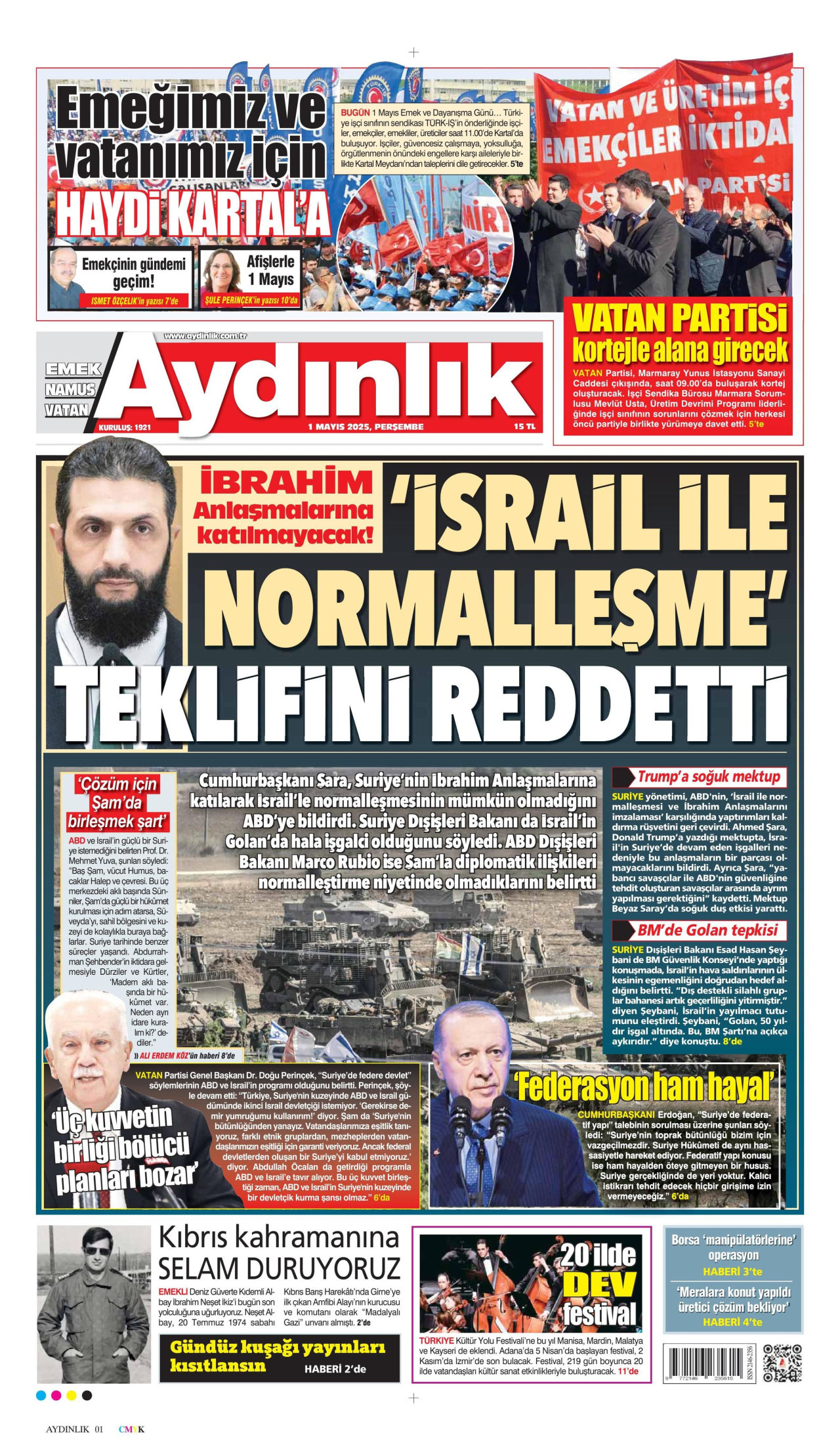 AYDINLIK GAZETESİ gazetesinin 1 Mayıs 2025 tarihli birinci sayfası
