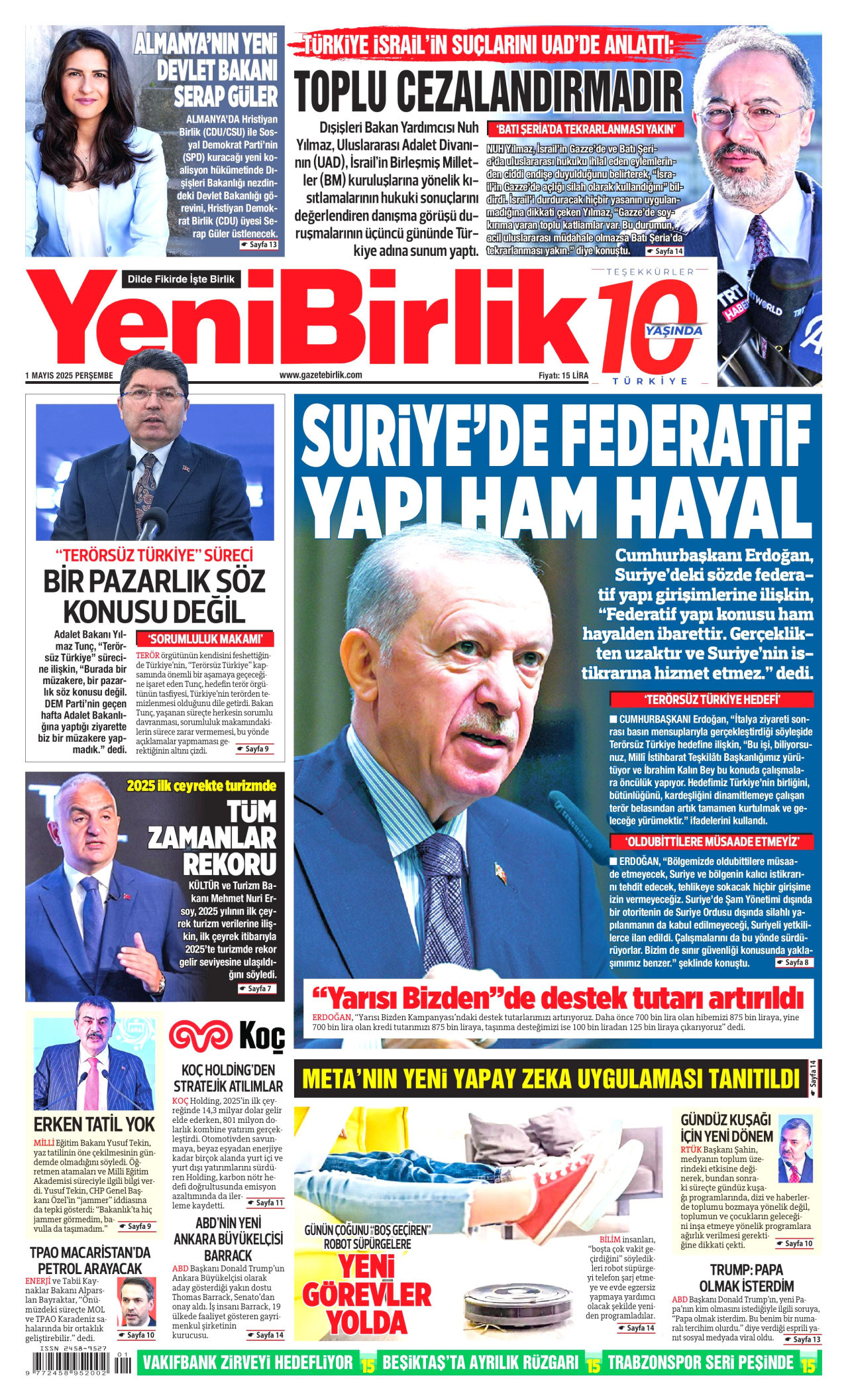 YENİBİRLİK gazetesinin 1 Mayıs 2025 tarihli birinci sayfası