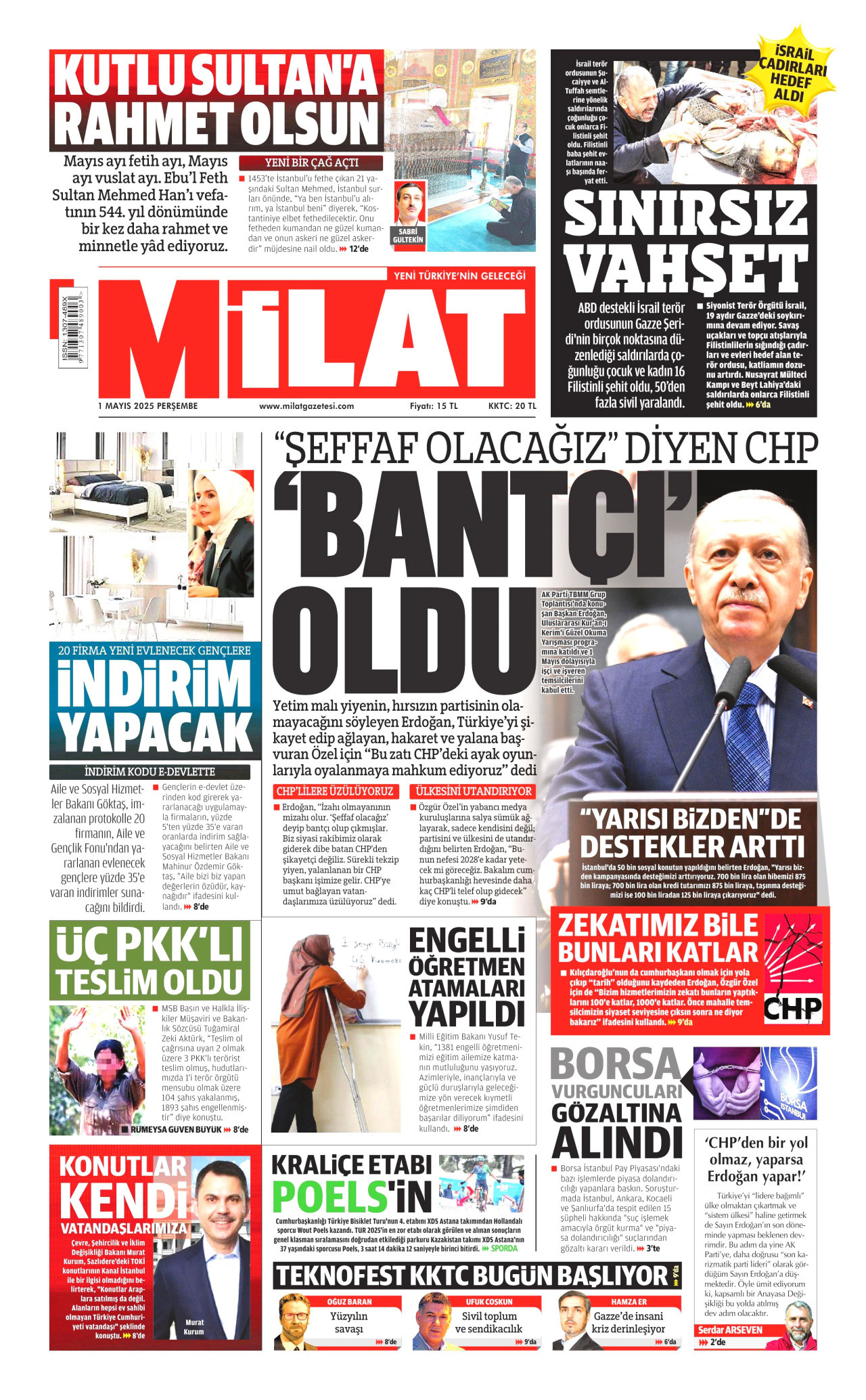 MİLAT gazetesinin 1 Mayıs 2025 tarihli birinci sayfası