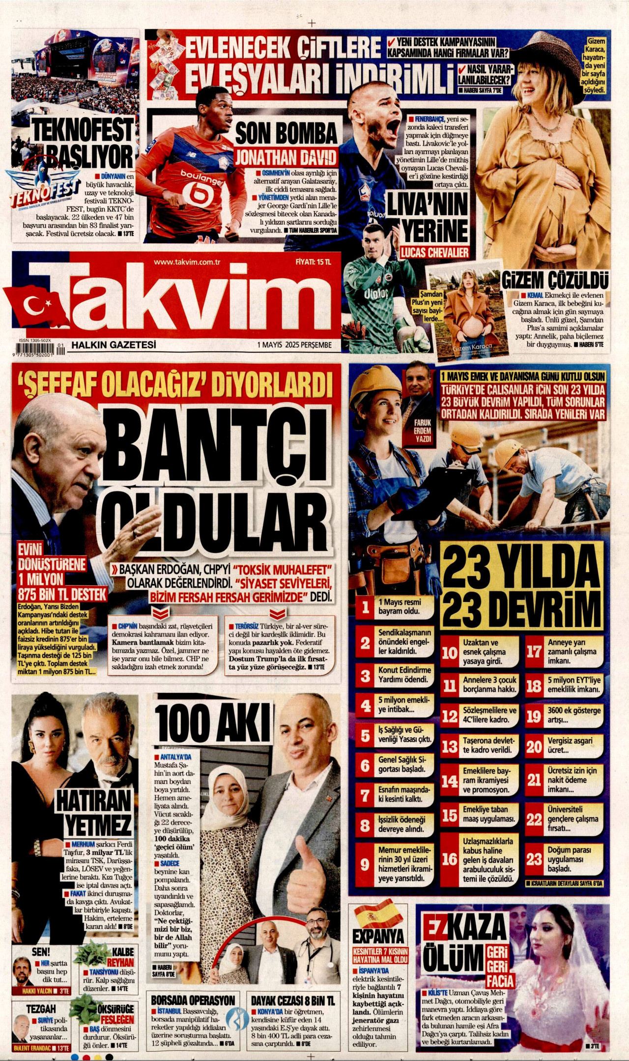 TAKVİM gazetesinin 1 Mayıs 2025 tarihli birinci sayfası