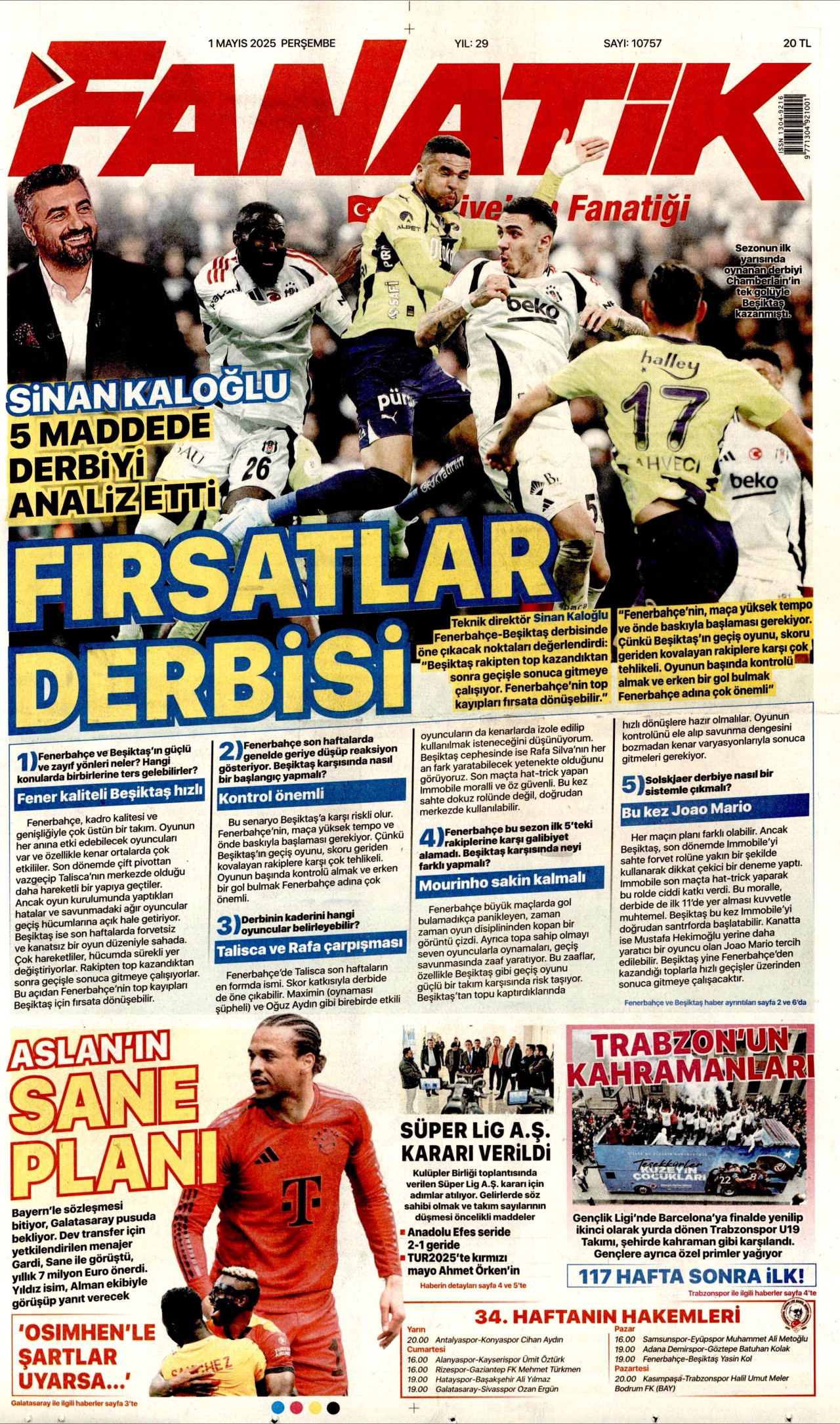 FANATİK gazetesinin 1 Mayıs 2025 tarihli birinci sayfası