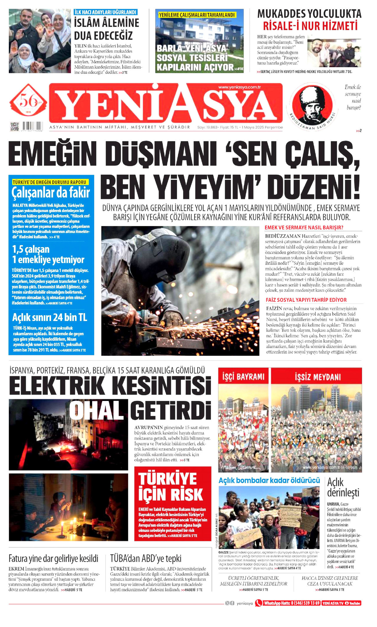 YENİ ASYA gazetesinin 1 Mayıs 2025 tarihli birinci sayfası