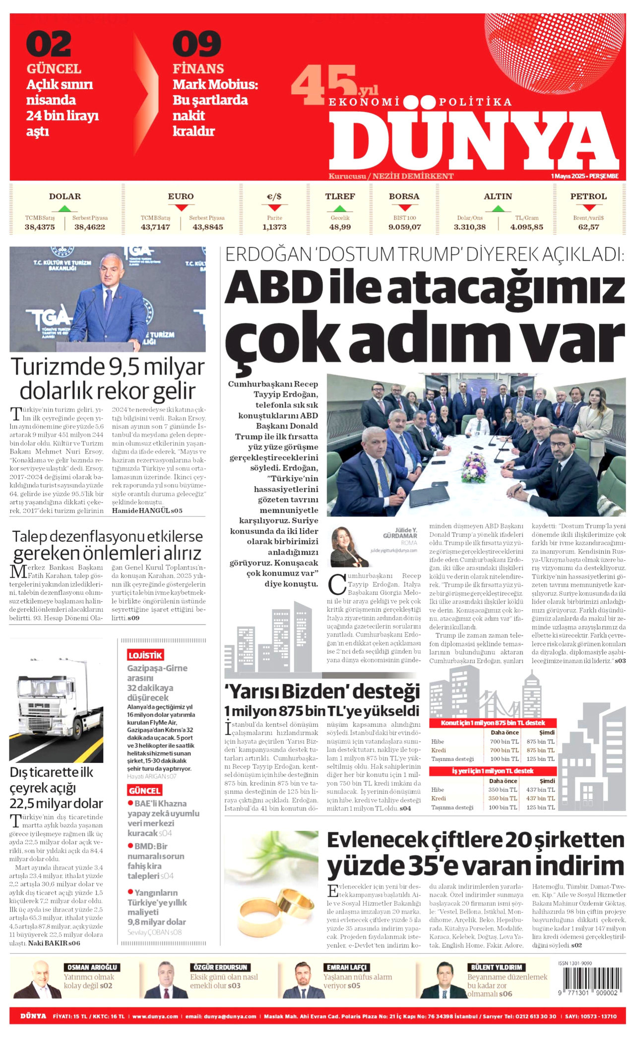 DÜNYA gazetesinin 1 Mayıs 2025 tarihli birinci sayfası