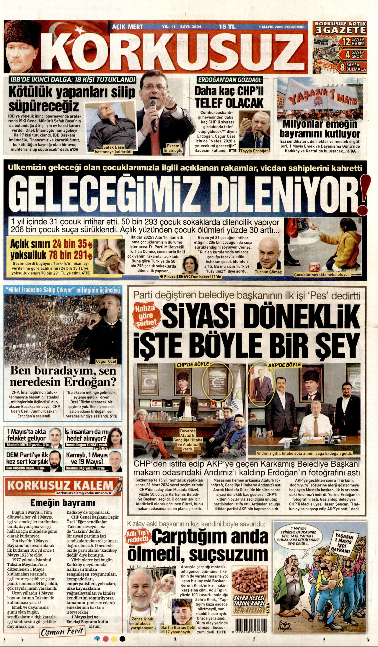 KORKUSUZ gazetesinin 1 Mayıs 2025 tarihli birinci sayfası