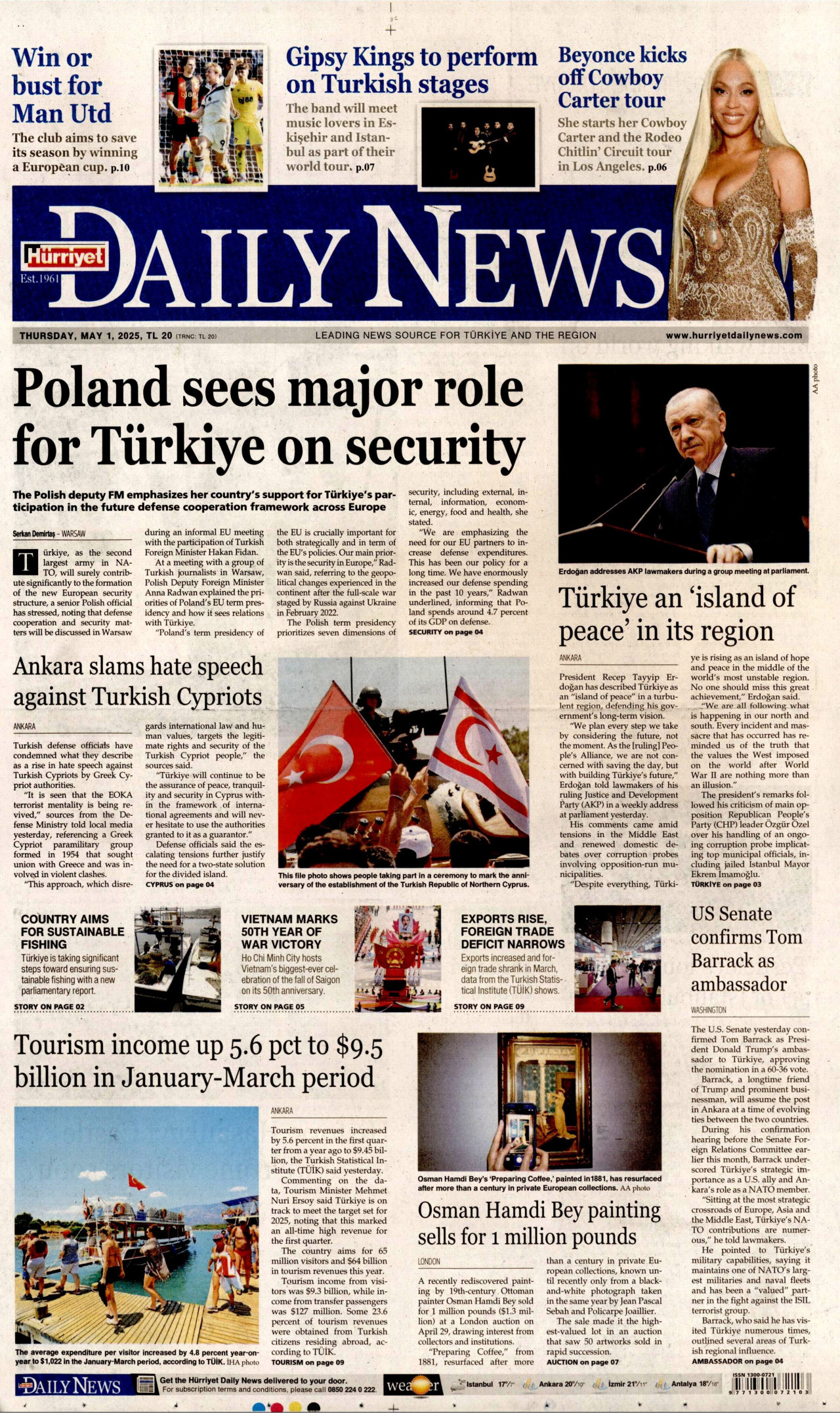 HÜRRİYET DAİLY NEWS gazetesinin 1 Mayıs 2025 tarihli birinci sayfası