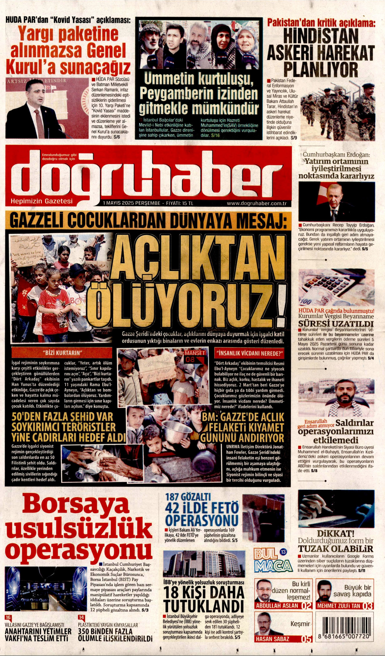 DOĞRU HABER gazetesinin 1 Mayıs 2025 tarihli birinci sayfası