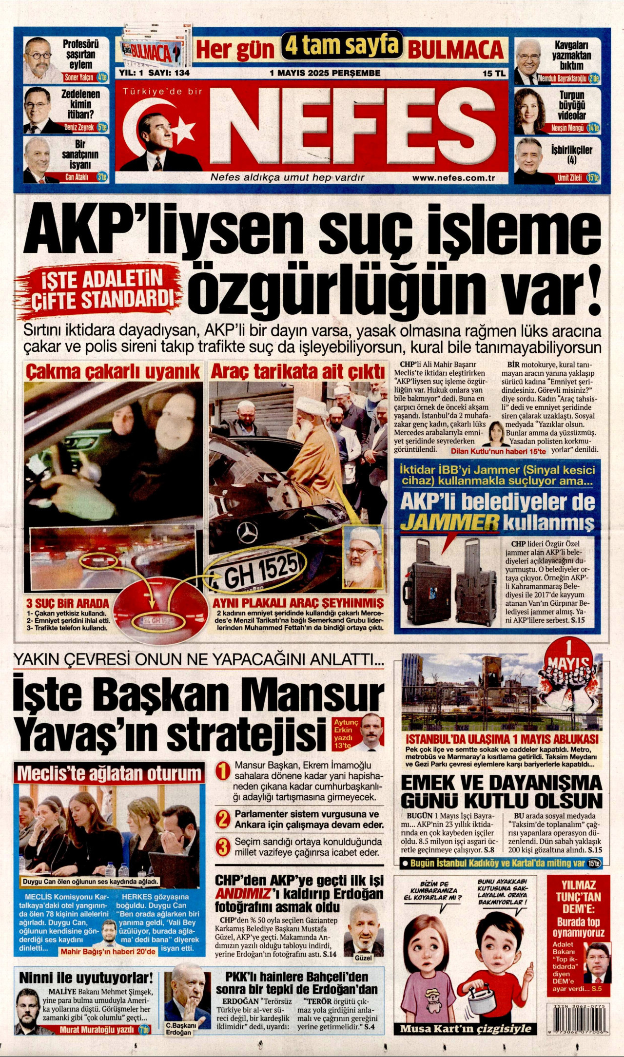 NEFES gazetesinin 1 Mayıs 2025 tarihli birinci sayfası